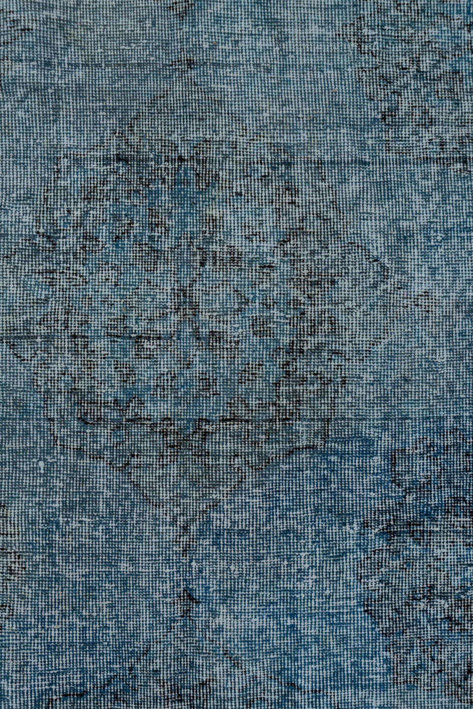 4' x 12' one-of-a-kind handmade vintage Overdyed runner rug. Color palette: sky blue, slate, charcoal, ice blue, light blue