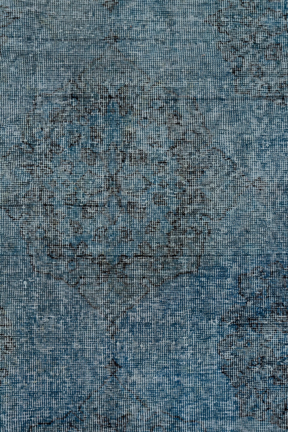4' x 12' one-of-a-kind handmade vintage Overdyed runner rug. Color palette: arapawa, black, blue, gray, light blue