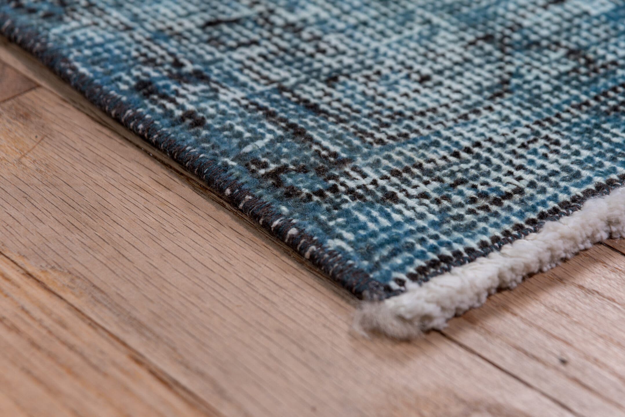 4' x 12' one-of-a-kind handmade vintage Overdyed runner rug. Color palette: sky blue, slate, charcoal, ice blue, light blue