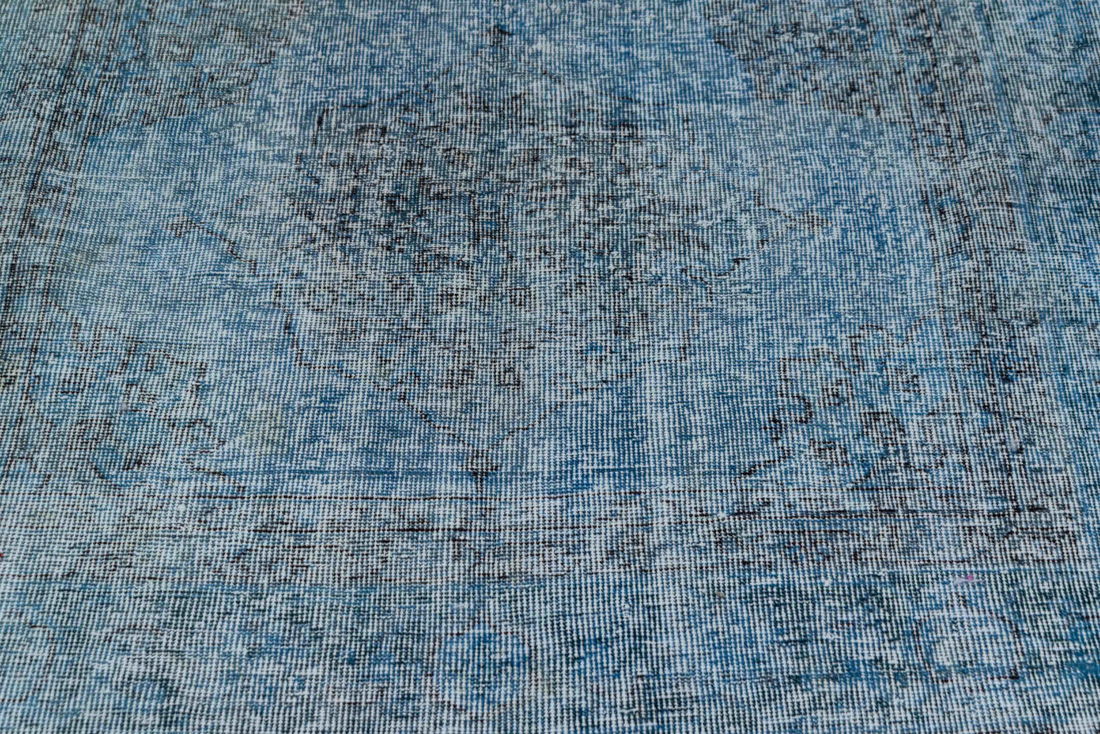 4' x 12' one-of-a-kind handmade vintage Overdyed runner rug. Color palette: sky blue, slate, charcoal, ice blue, light blue