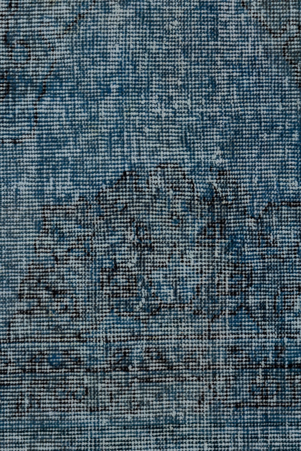4' x 12' one-of-a-kind handmade vintage Overdyed runner rug. Color palette: sky blue, slate, charcoal, ice blue, light blue