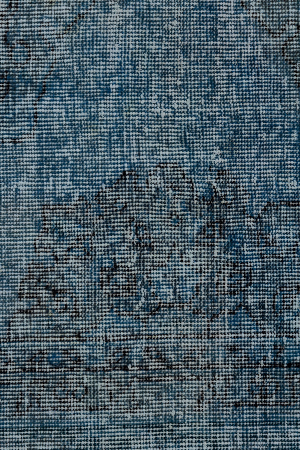 4' x 12' one-of-a-kind handmade vintage Overdyed runner rug. Color palette: arapawa, black, blue, gray, light blue