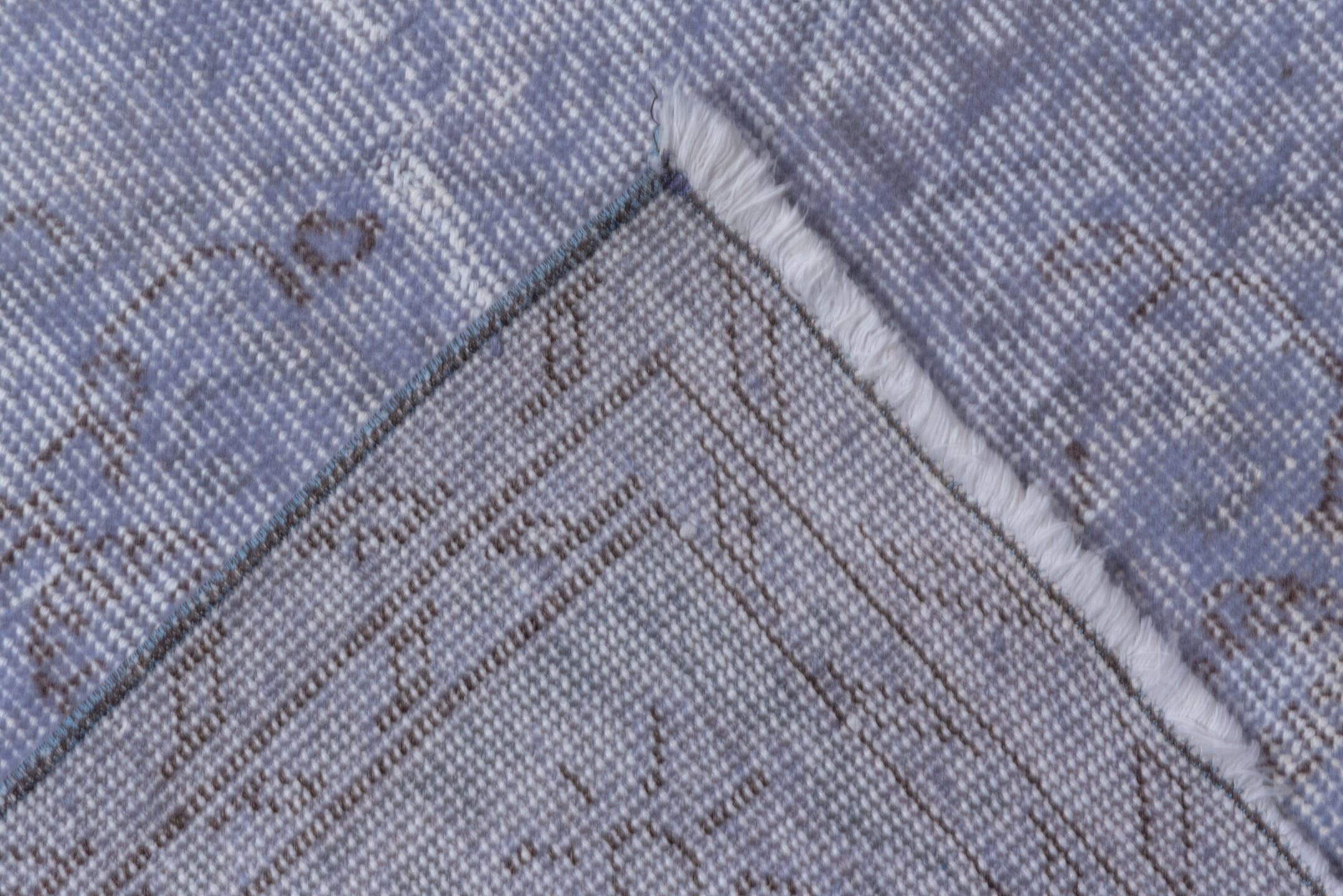 6' x 10' one-of-a-kind handmade vintage Overdyed large size rug. Color palette: lavender, periwinkle, slate, ivory