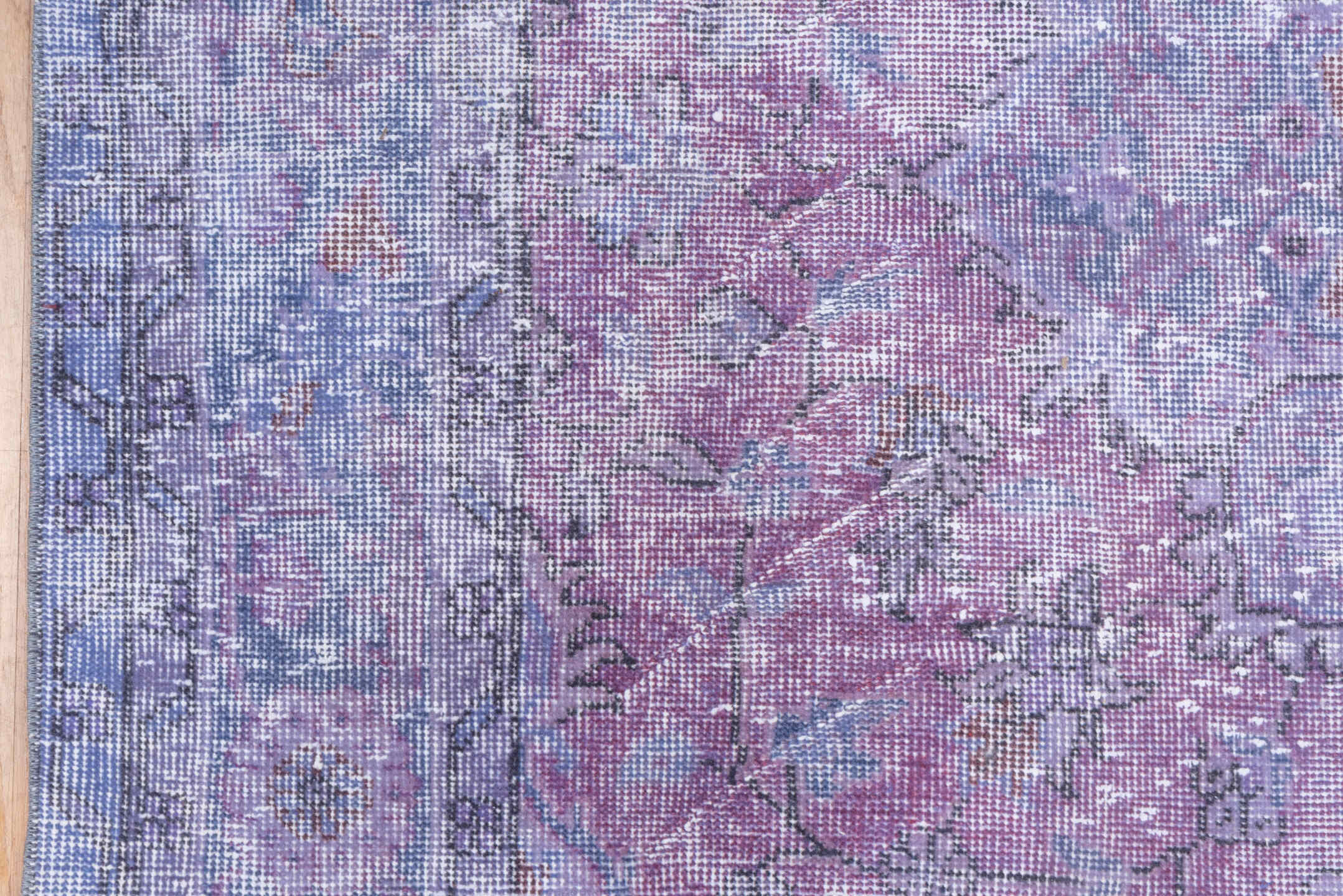 5' x 9' one-of-a-kind handmade vintage Overdyed medium size rug. Color palette: lavender, lilac, periwinkle, ivory, rose
