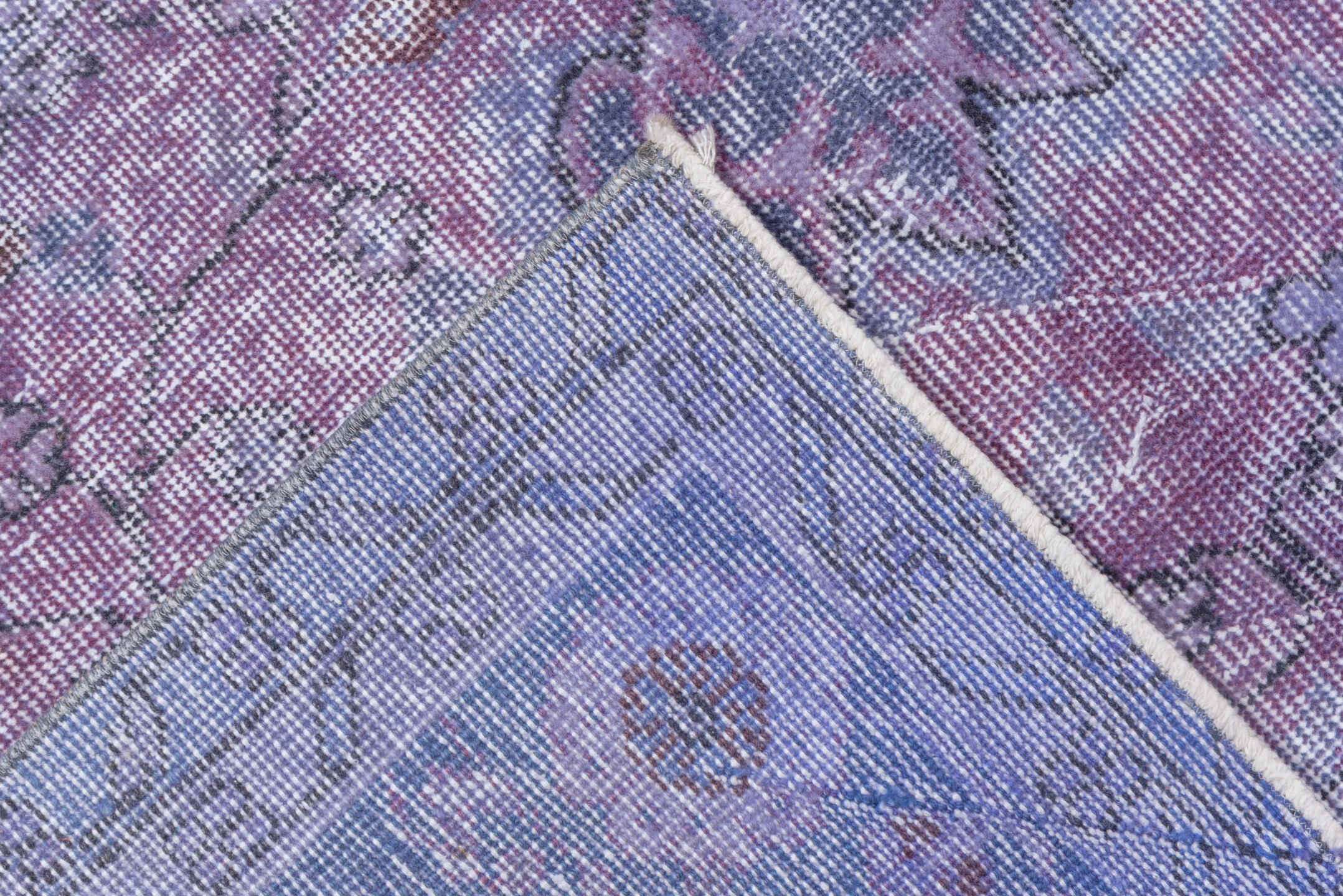 5' x 9' one-of-a-kind handmade vintage Overdyed medium size rug. Color palette: lavender, lilac, periwinkle, ivory, rose
