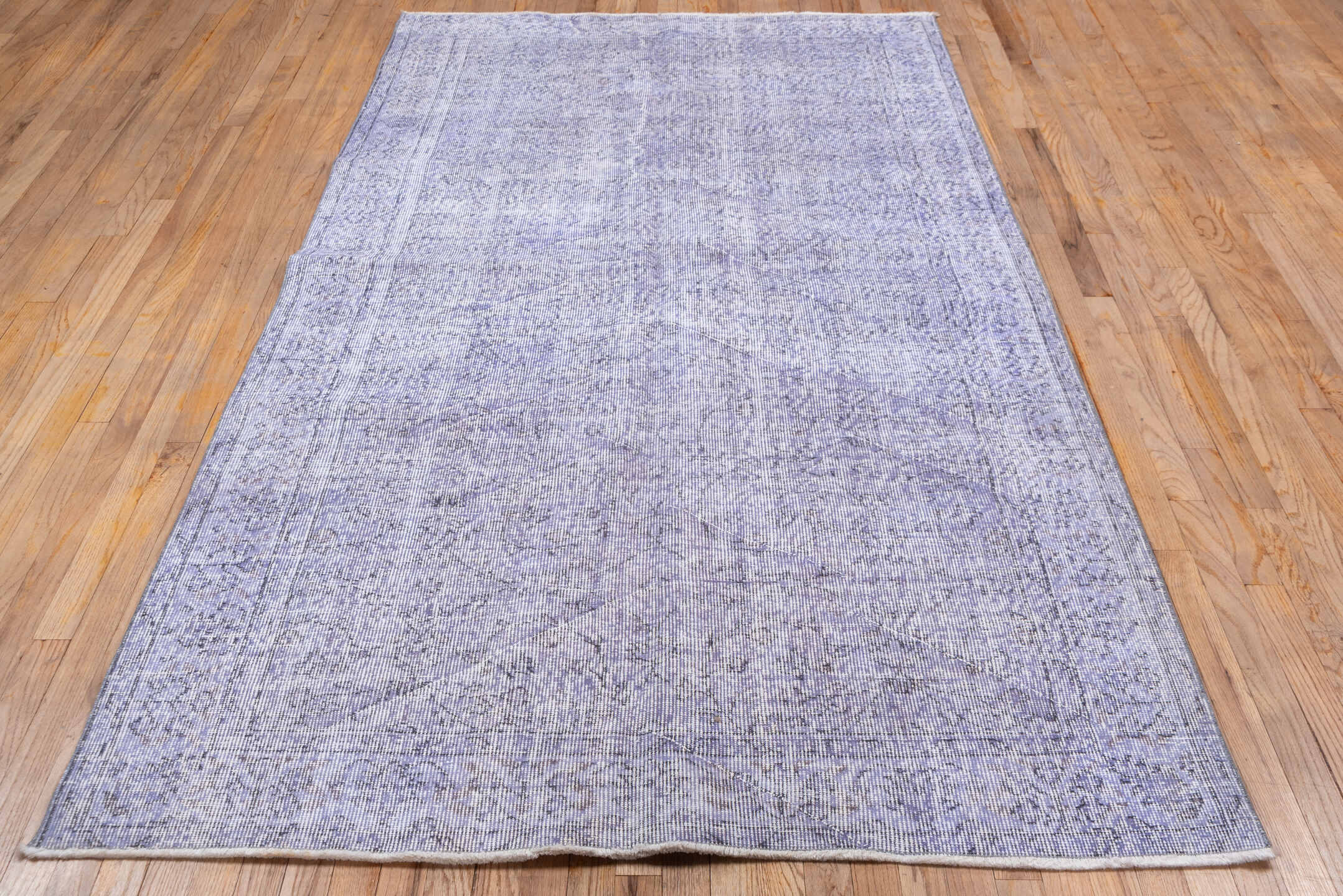 5' x 8' one-of-a-kind handmade vintage Overdyed medium size rug. Color palette: blue, gray, lavender, light blue, light gray