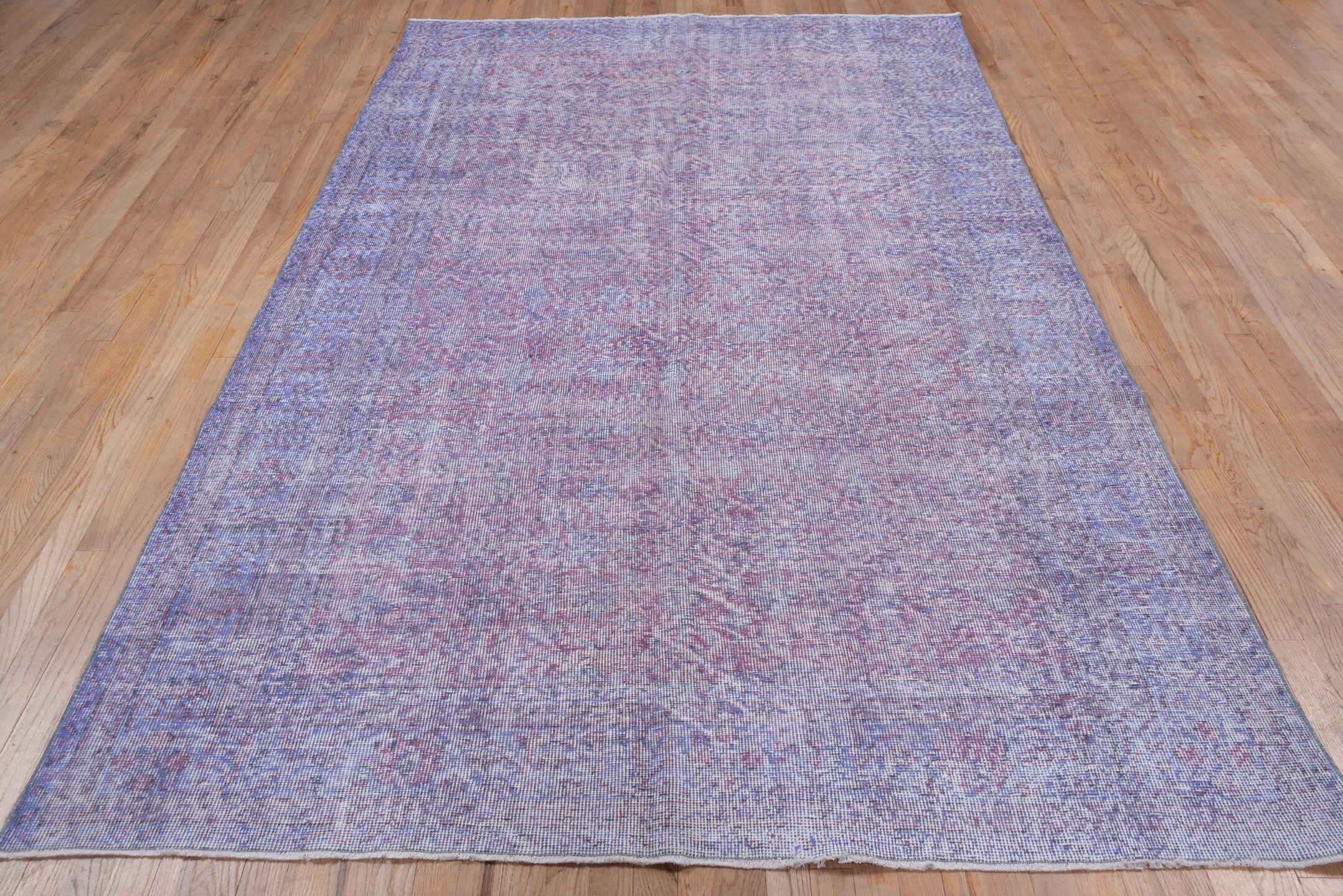 6' x 10' one-of-a-kind handmade vintage Overdyed large size rug. Color palette: lavender, blush, lilac, ivory, rose