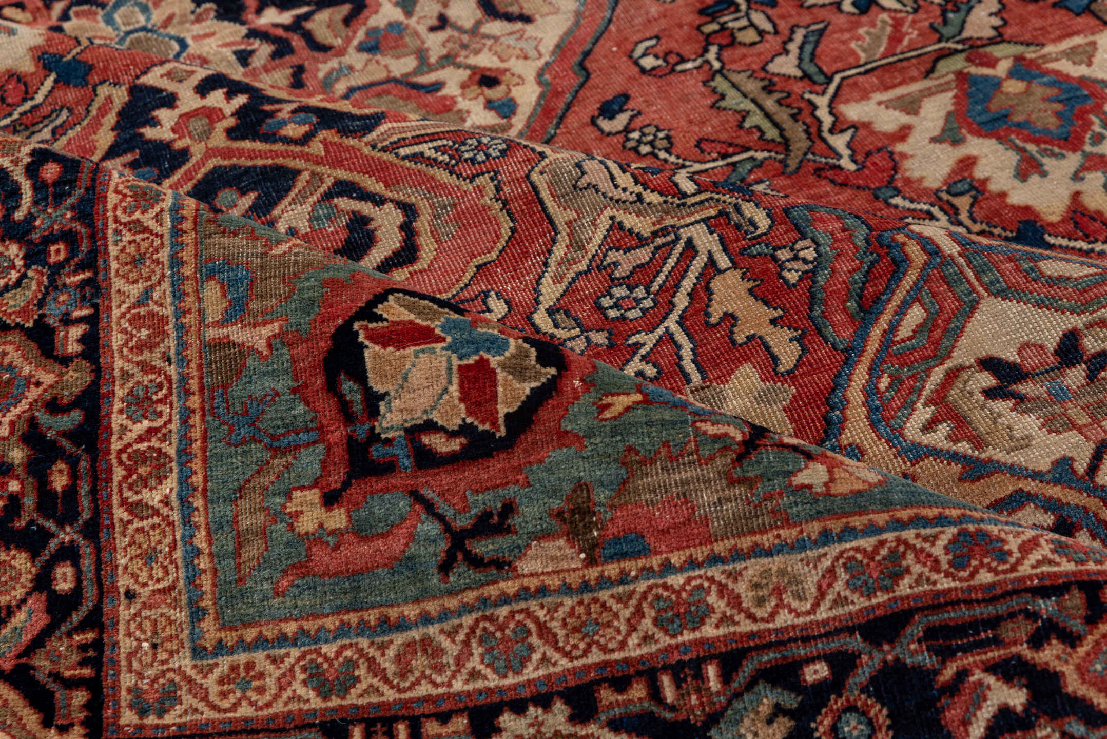 4' x 6' one-of-a-kind handmade antique Far.Sarouk small size rug. Color palette: rust, ivory, navy, soft blue, taupe, camel