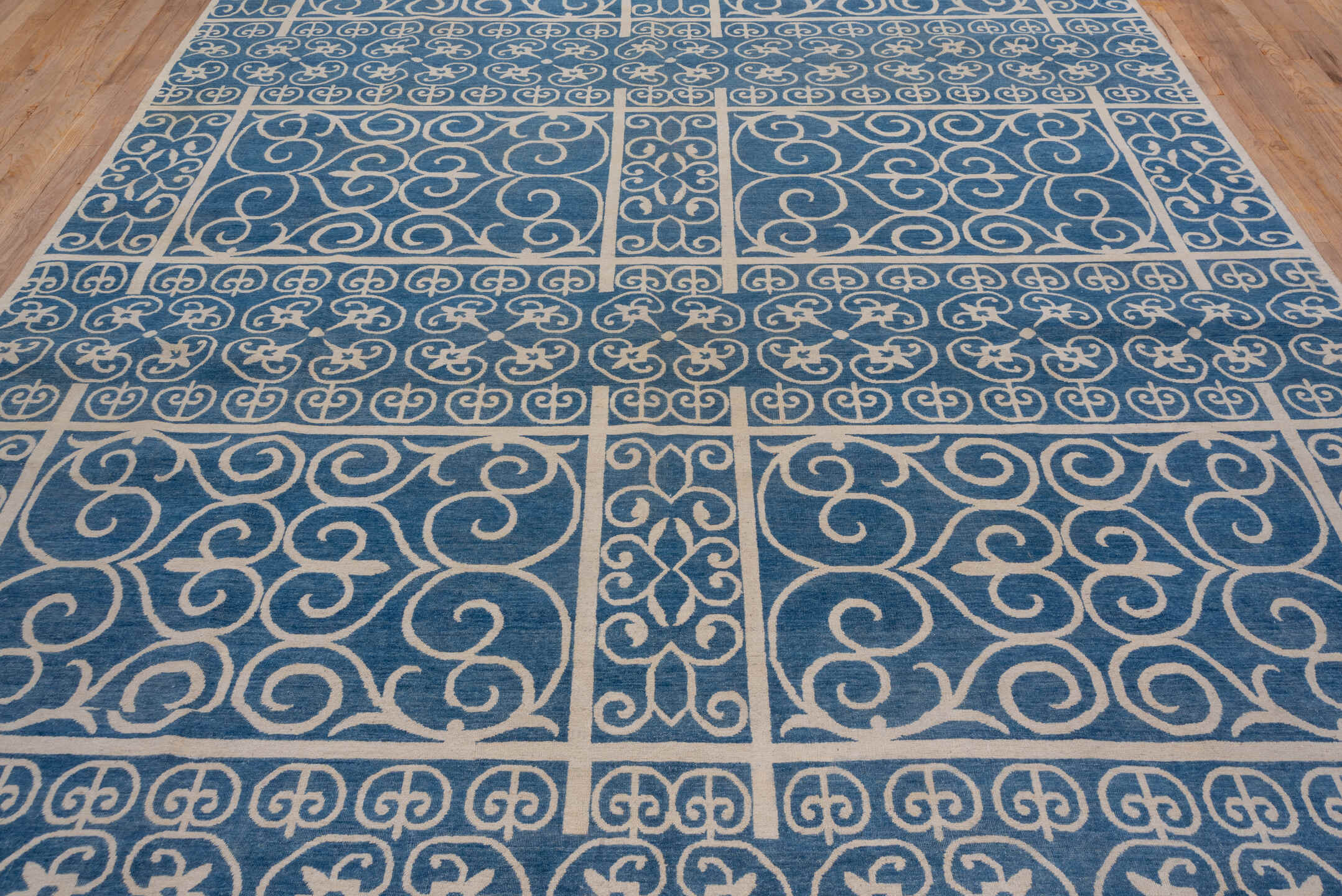 8' x 11' one-of-a-kind handmade handmade Modern large size rug. Color palette: blue, ivory, beige