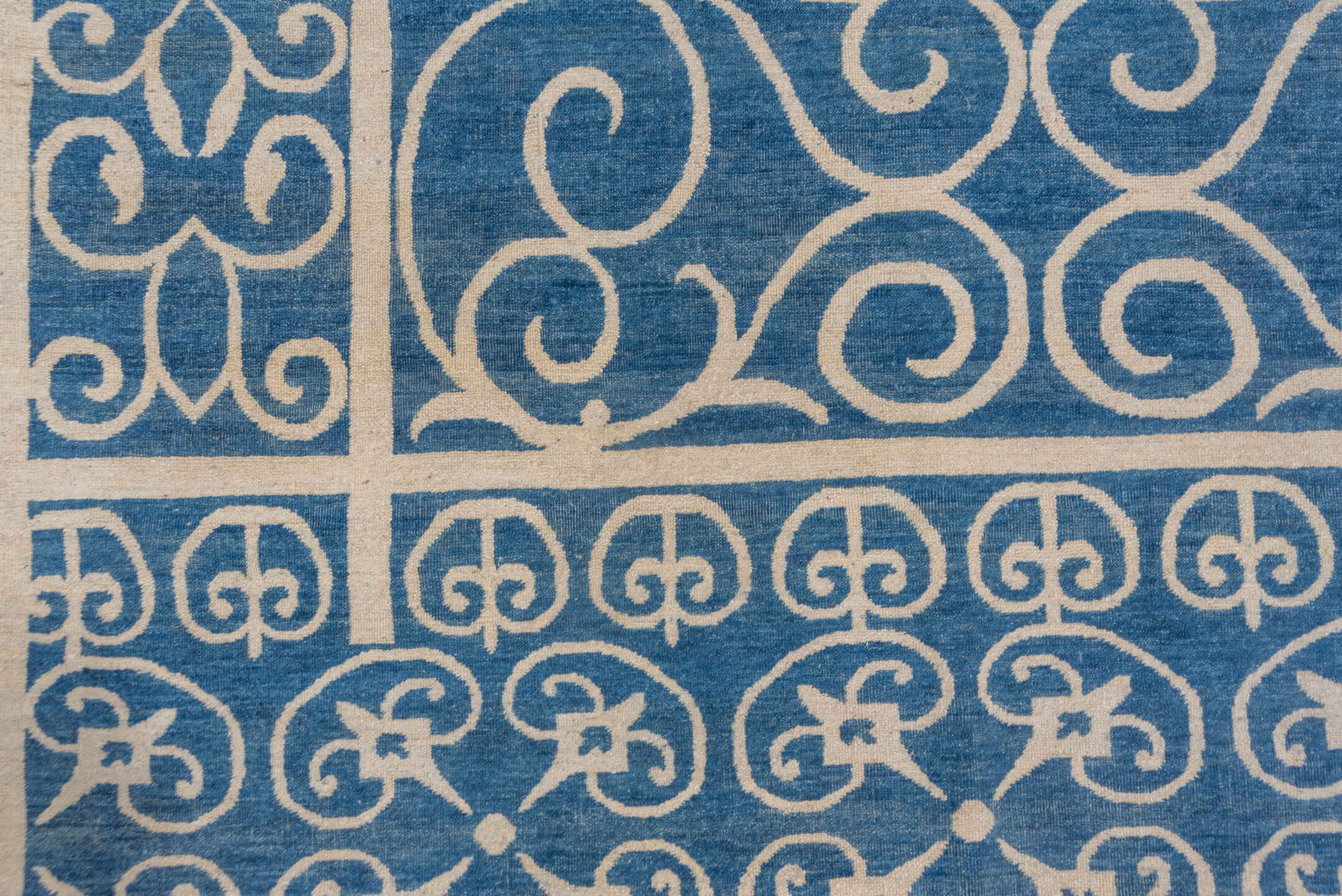 8' x 11' one-of-a-kind handmade handmade Modern large size rug. Color palette: blue, ivory, beige
