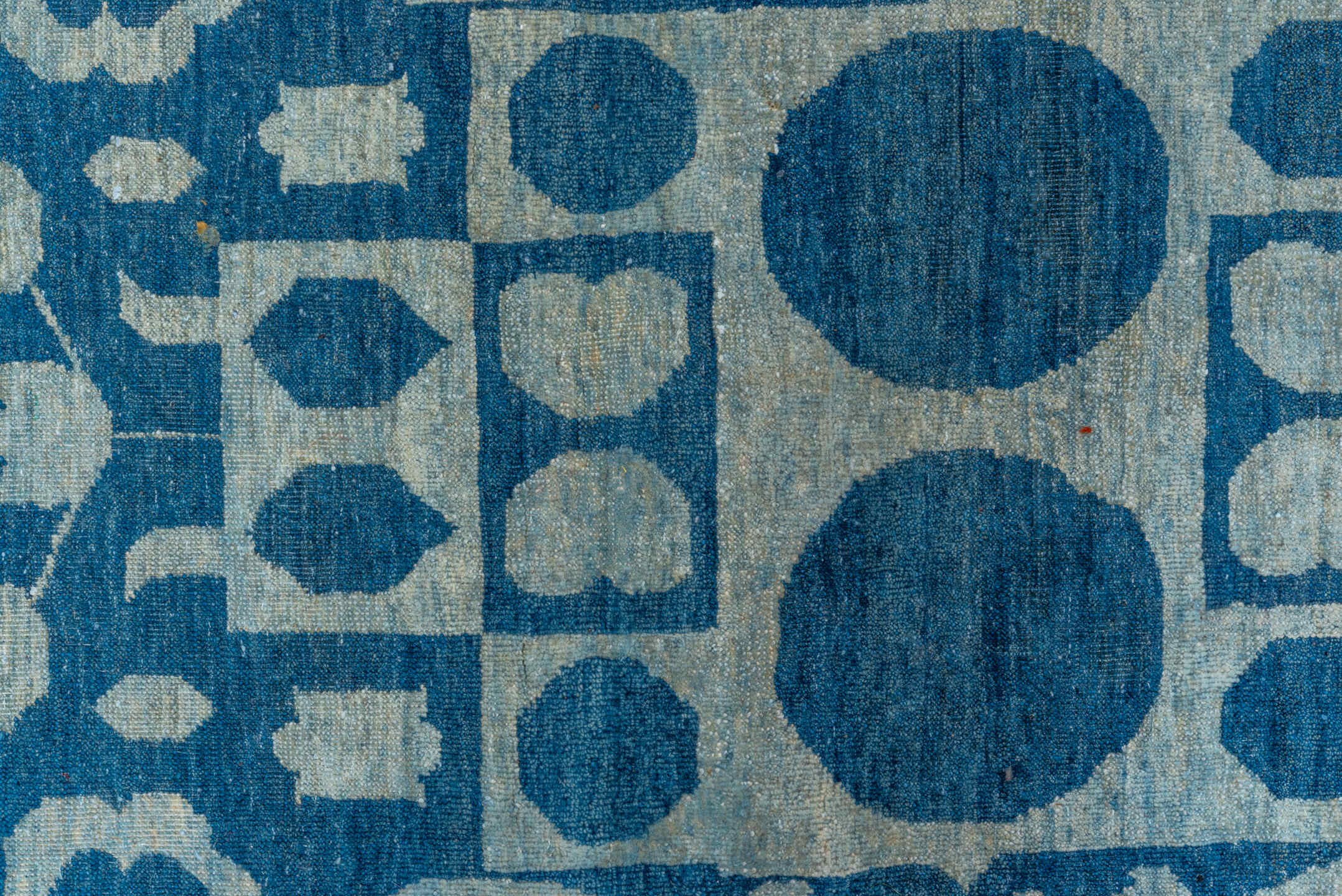 8' x 9' one-of-a-kind handmade vintage Modern rug. Color palette: blue, gray, light blue, light gray, off-white, steel blue