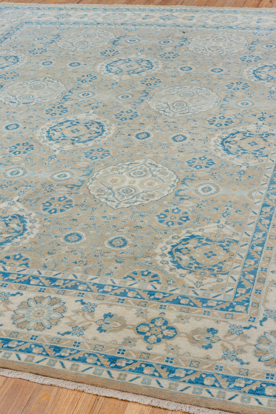 8' x 9' one-of-a-kind handmade vintage Sivas rug. Color palette: ivory, beige, sky blue, taupe, cream, aqua, light blue