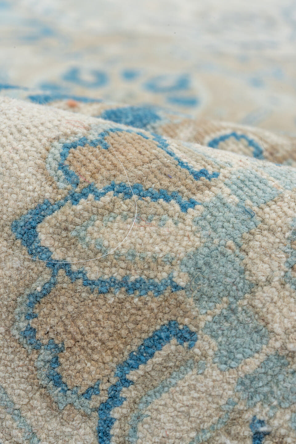 8' x 9' one-of-a-kind handmade vintage Sivas rug. Color palette: ivory, beige, sky blue, taupe, cream, aqua, light blue