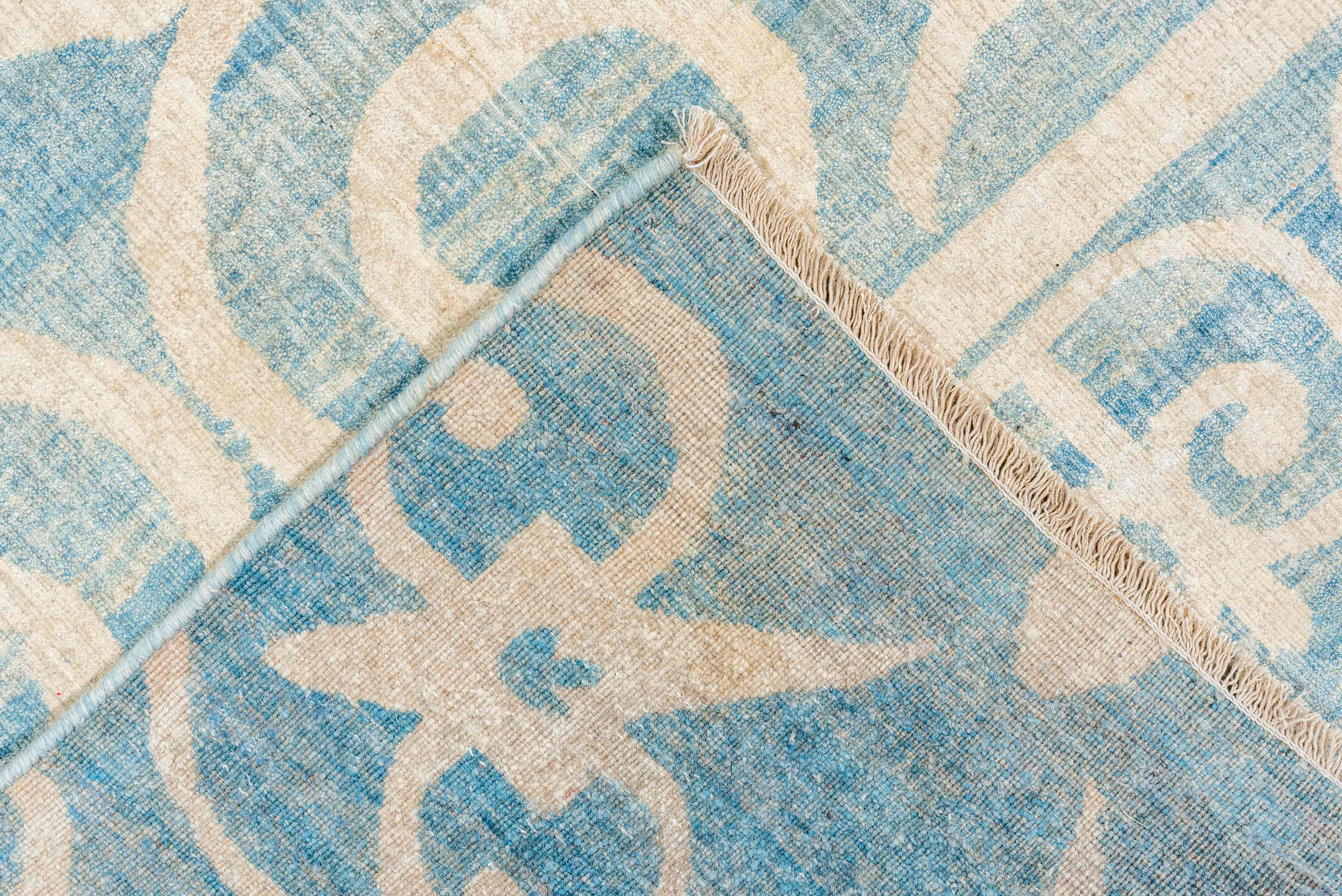 10' x 13' one-of-a-kind handmade vintage Khotan large size rug. Color palette: blue, gray, light blue, light gray, off-white