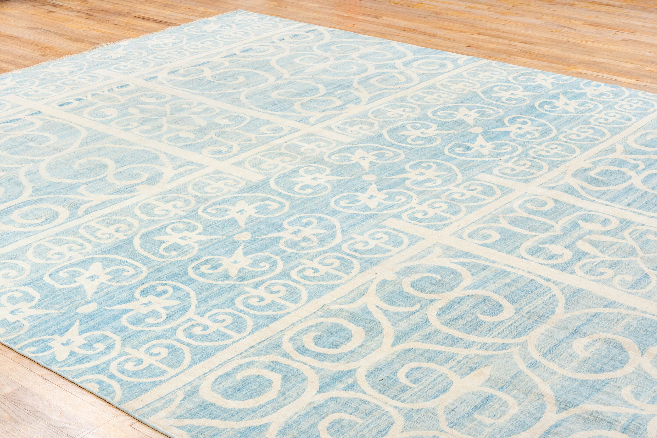 10' x 13' one-of-a-kind handmade vintage Khotan large size rug. Color palette: blue, gray, light blue, light gray, off-white
