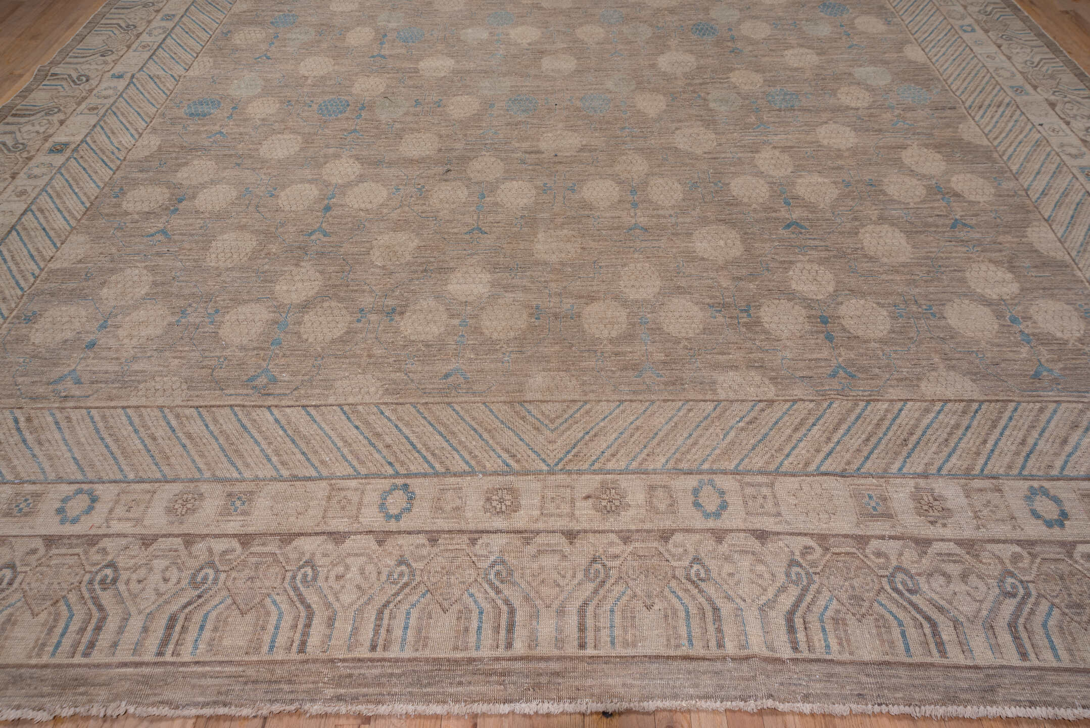 12' x 16' one-of-a-kind handmade vintage Khotan oversize rug. Color palette: brown, dark gray, gray, light gray, off-white