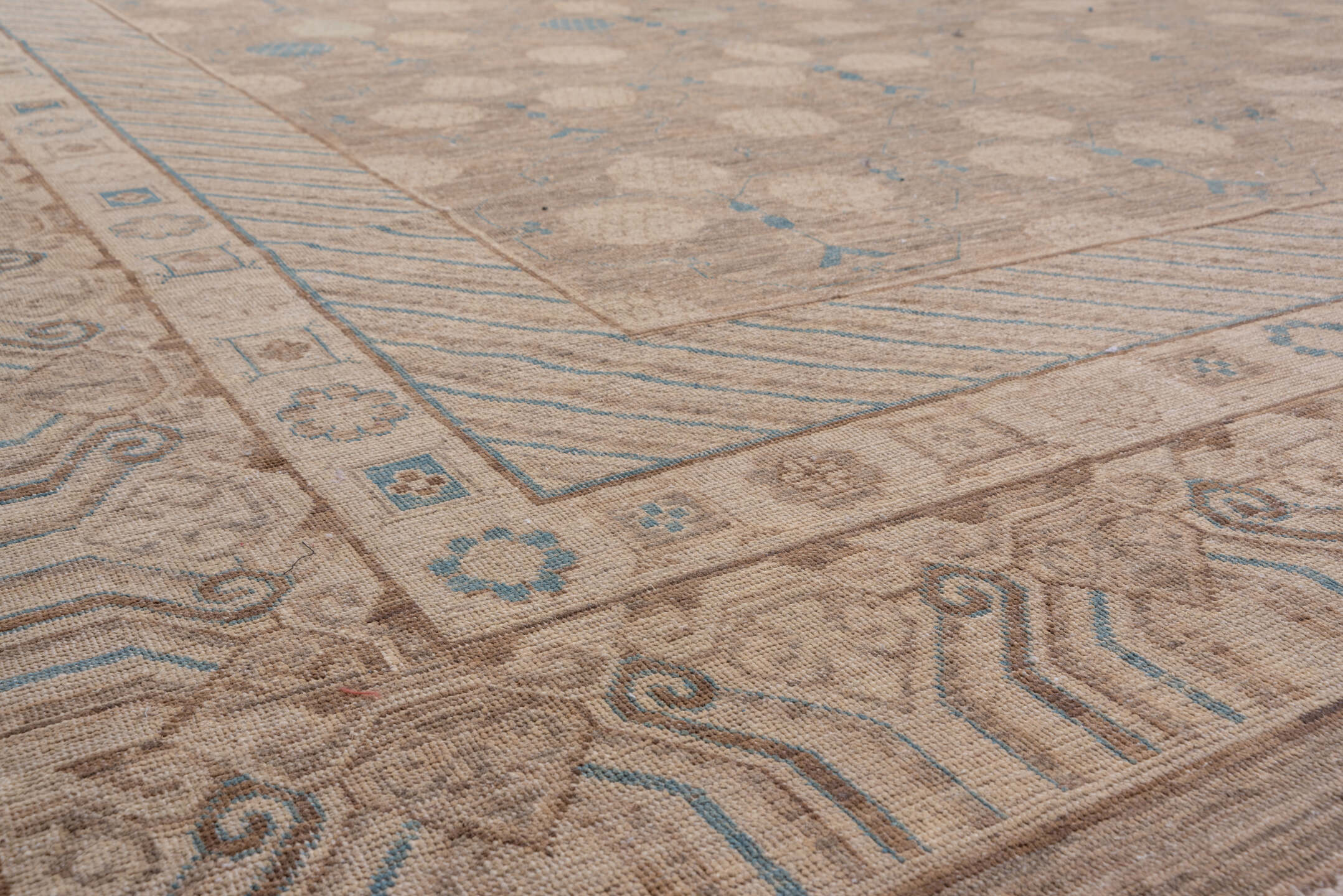 12' x 16' one-of-a-kind handmade vintage Khotan oversize rug. Color palette: brown, dark gray, gray, light gray, off-white