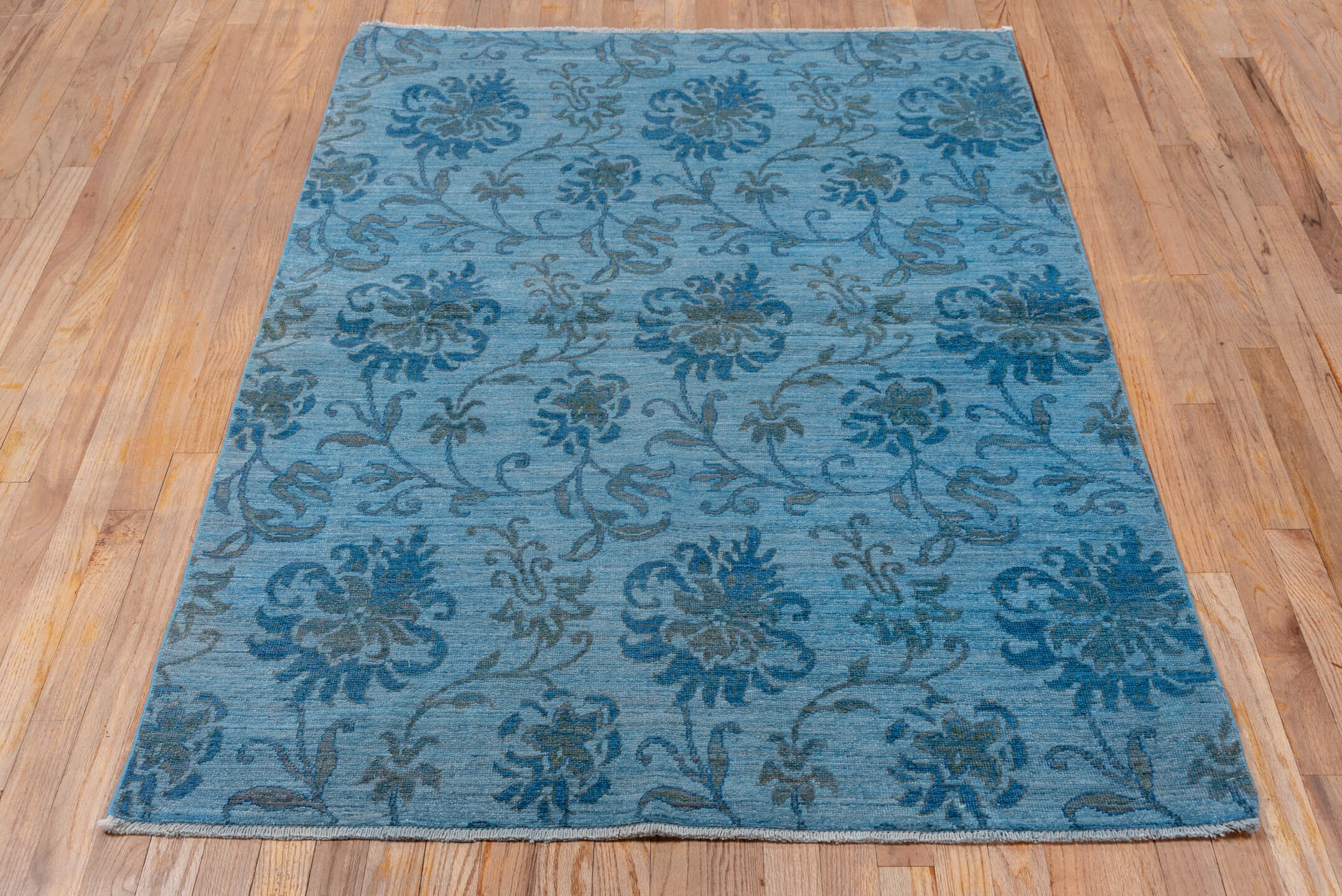 4' x 5' one-of-a-kind handmade vintage Overdyed small size rug. Color palette: arapawa, blue, fiord, gray, light gray