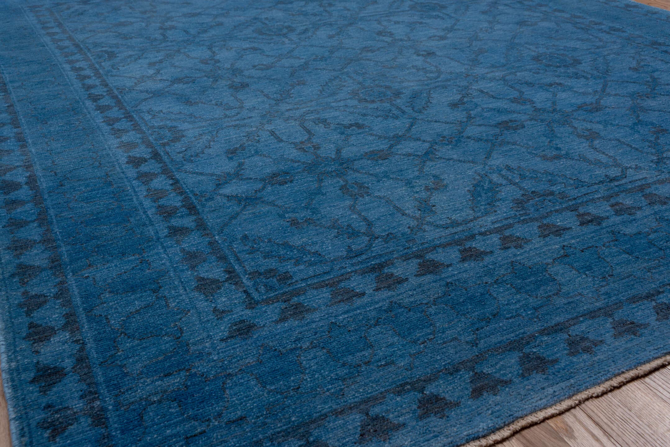 7' x 10' one-of-a-kind handmade vintage Overdyed large size rug. Color palette: blue, navy, indigo, slate, purple, gray