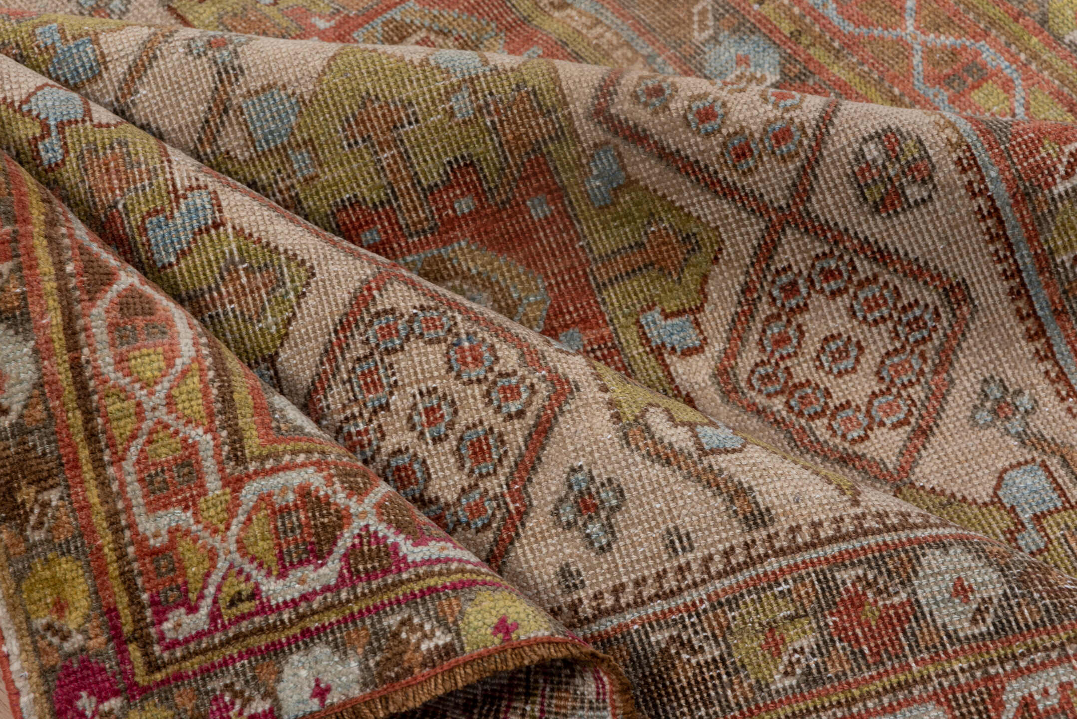 4' x 5' one-of-a-kind handmade antique Afshar small size rug. Color palette: ivory, rust, olive, terra cotta, sky blue