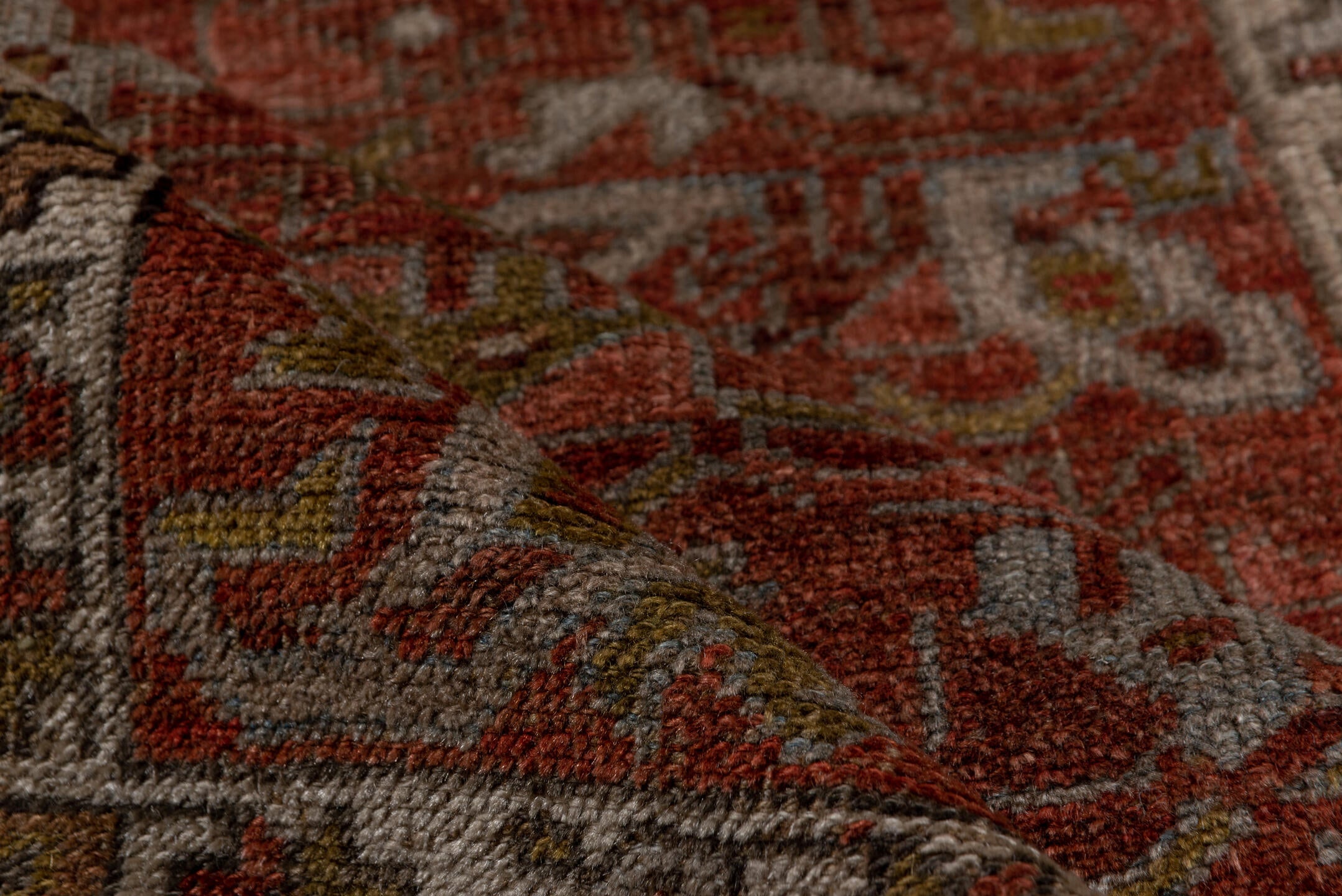 3' x 9' one-of-a-kind handmade vintage Bidjar runner rug. Color palette: brown, gray, pink, red