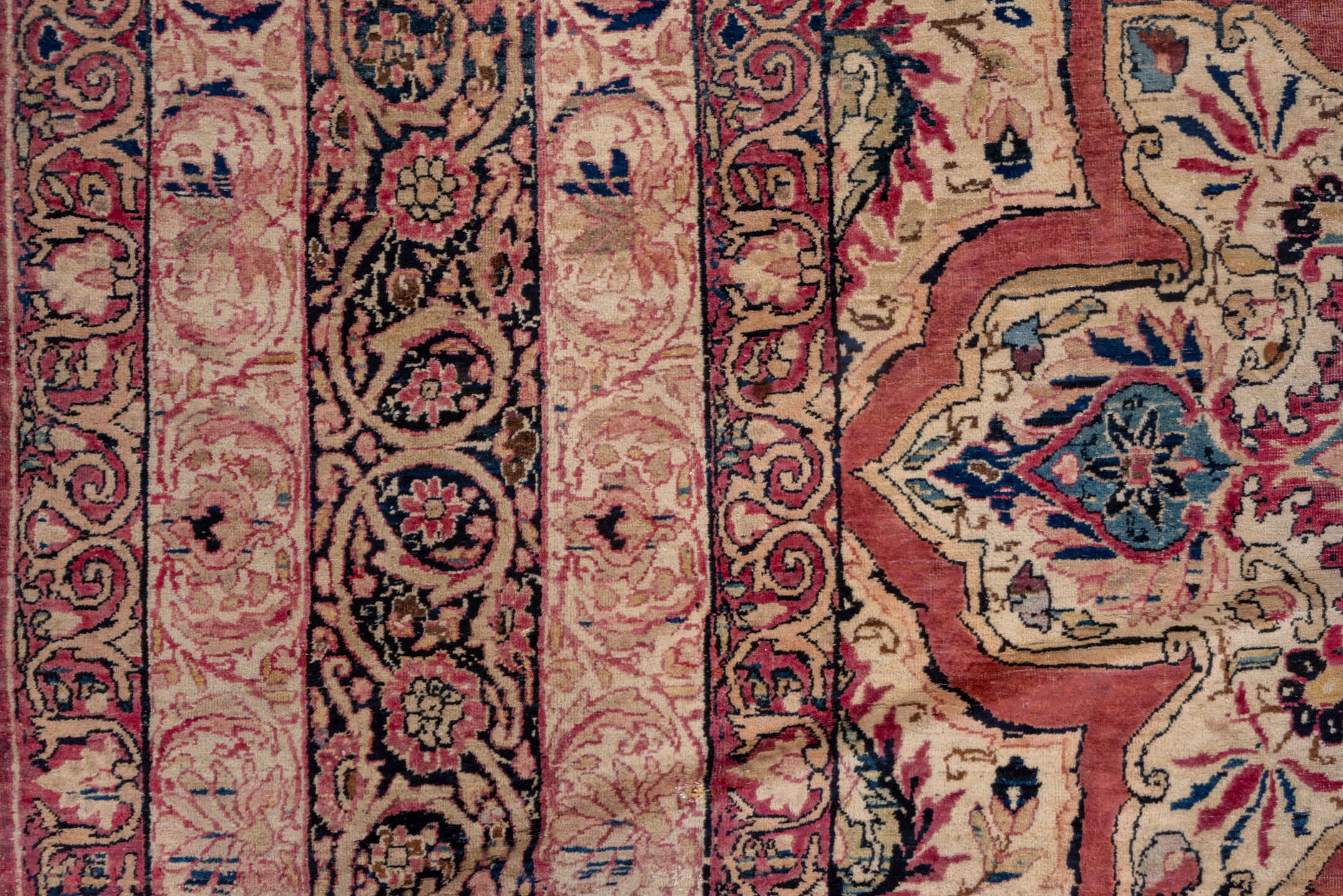 9' x 21' one-of-a-kind handmade antique Lavar rug. Color palette: rose, ivory, burgundy, indigo, dusty blue, blush, taupe