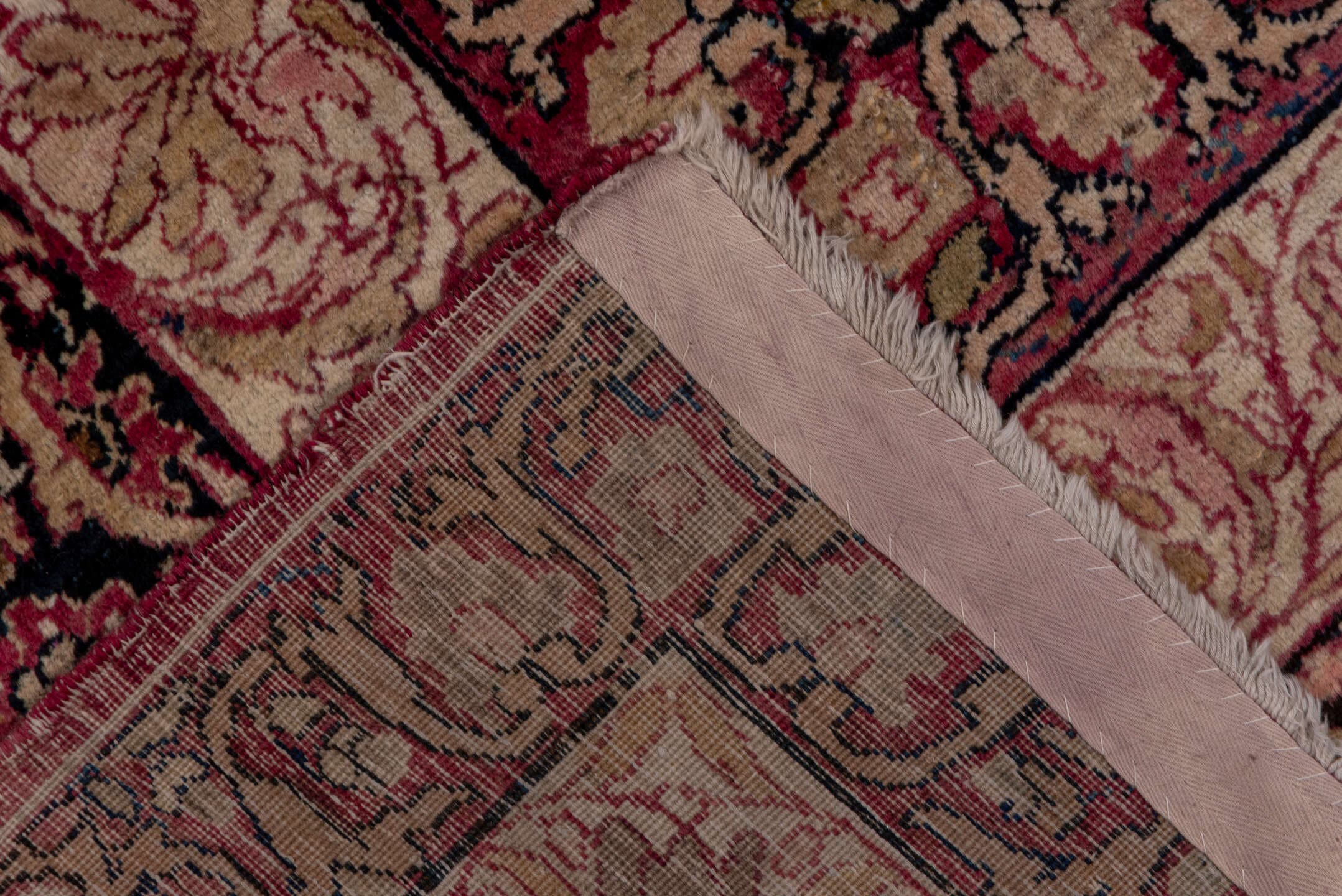 9' x 21' one-of-a-kind handmade antique Lavar rug. Color palette: rose, ivory, burgundy, indigo, dusty blue, blush, taupe