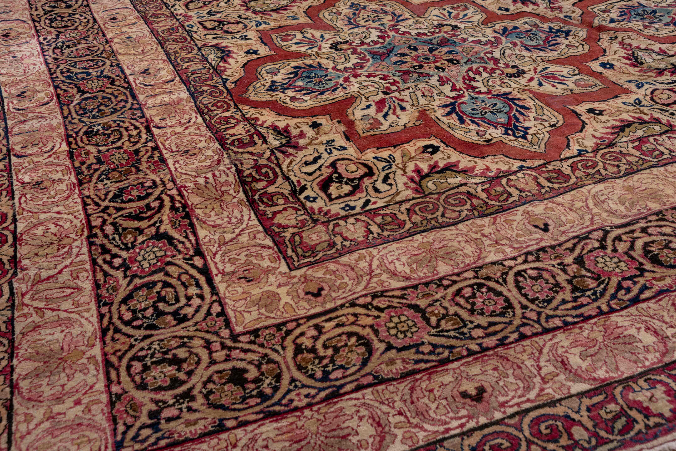 9' x 21' one-of-a-kind handmade antique Lavar rug. Color palette: rose, ivory, burgundy, indigo, dusty blue, blush, taupe