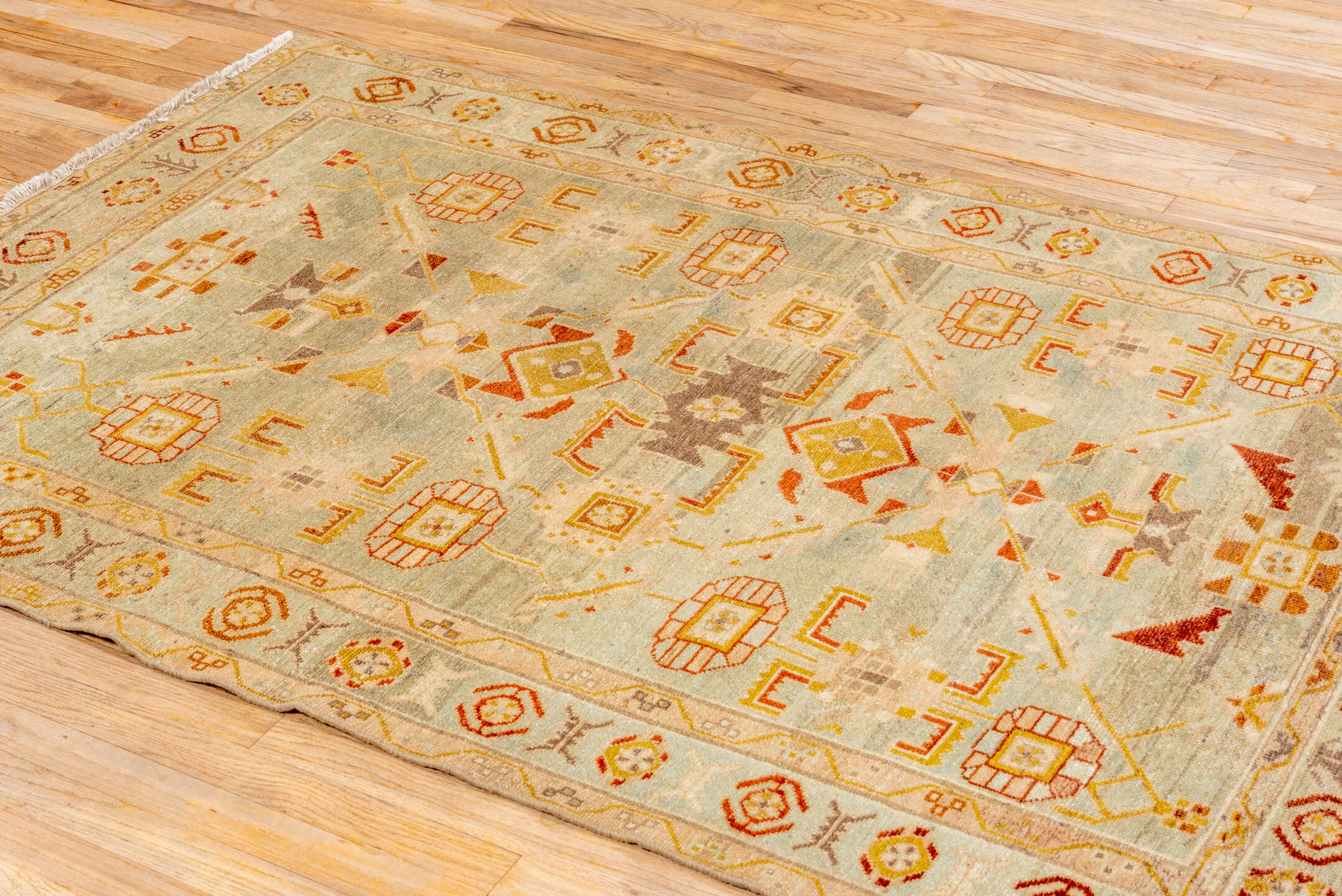 4' x 6' one-of-a-kind handmade vintage Malayer small size rug. Color palette: brown, off-white, orange, tan