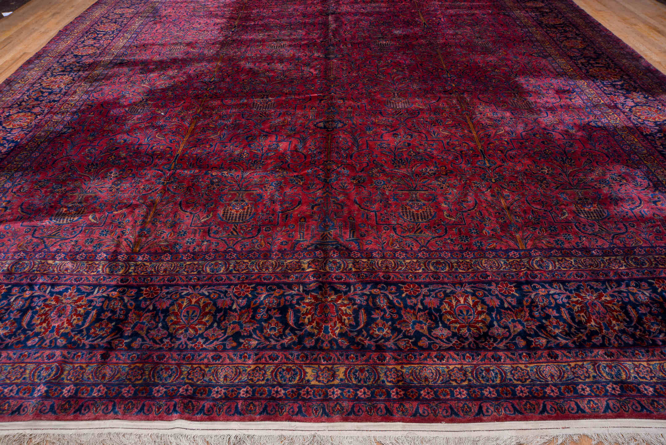 15' x 26' one-of-a-kind handmade antique Kashan oversize rug. Color palette: crimson, navy, burgundy, rose, ivory, slate