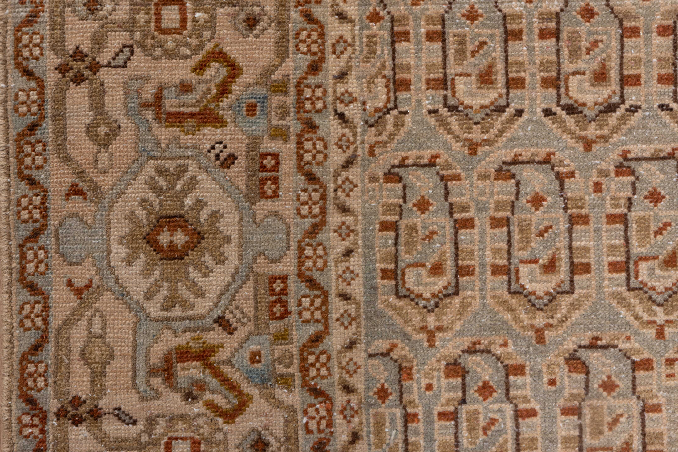 3' x 16' one-of-a-kind handmade vintage Malayer runner rug. Color palette: brown, gray, off-white, pink, snow, white