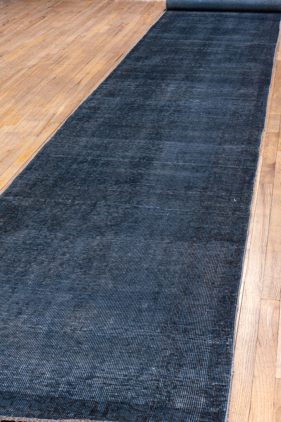 3' x 19' one-of-a-kind handmade vintage Overdyed runner rug. Color palette: indigo, navy, slate, charcoal, purple, blue