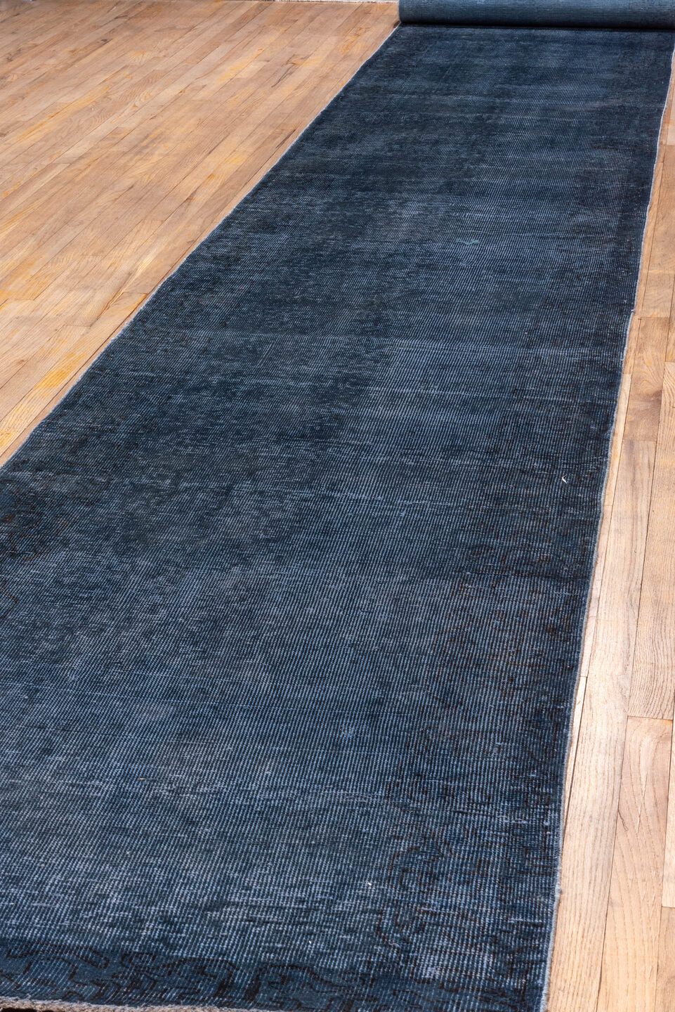 3' x 19' one-of-a-kind handmade vintage Overdyed runner rug. Color palette: blue, fiord, gray, light gray, off-white, silver