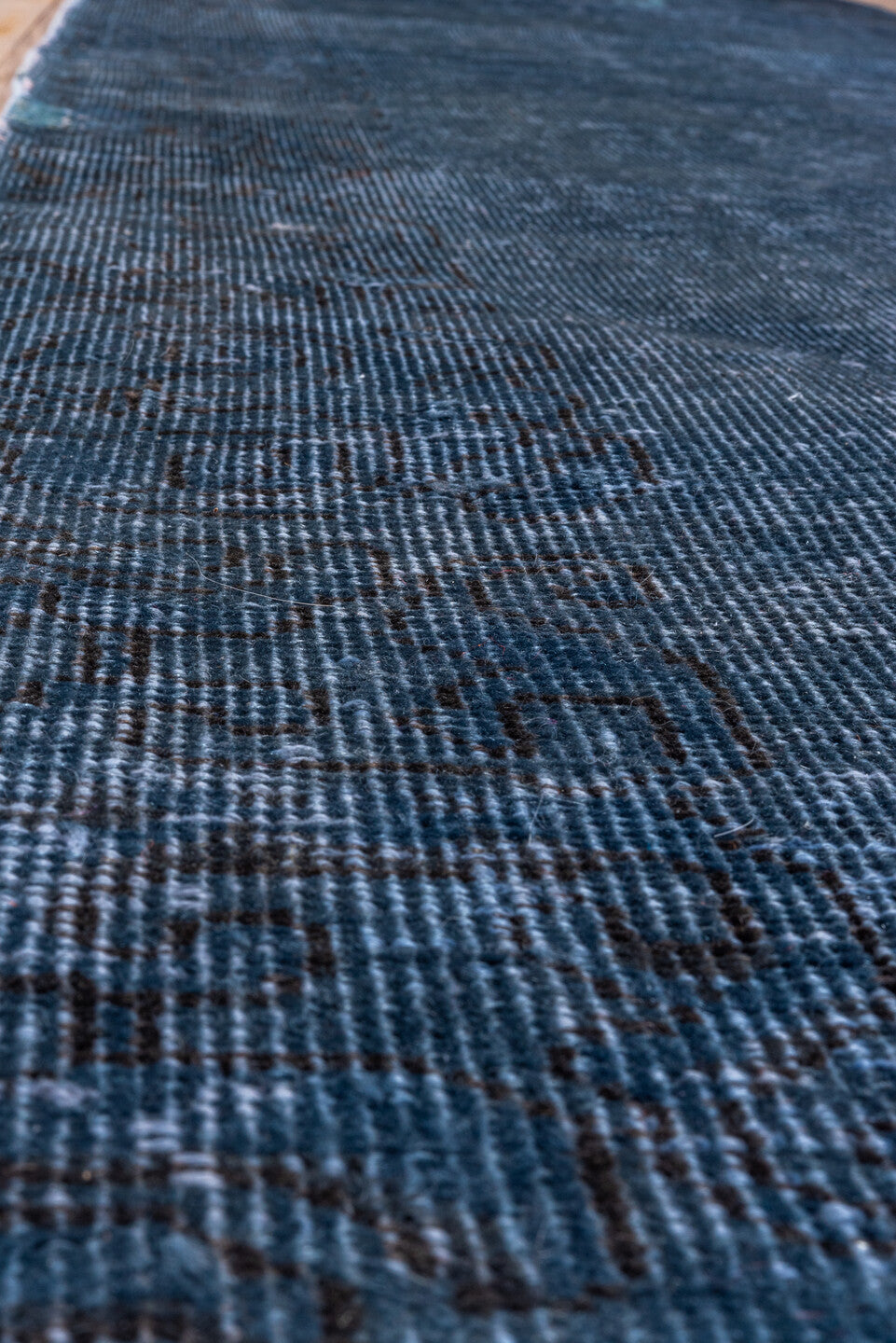 3' x 19' one-of-a-kind handmade vintage Overdyed runner rug. Color palette: blue, fiord, gray, light gray, off-white, silver