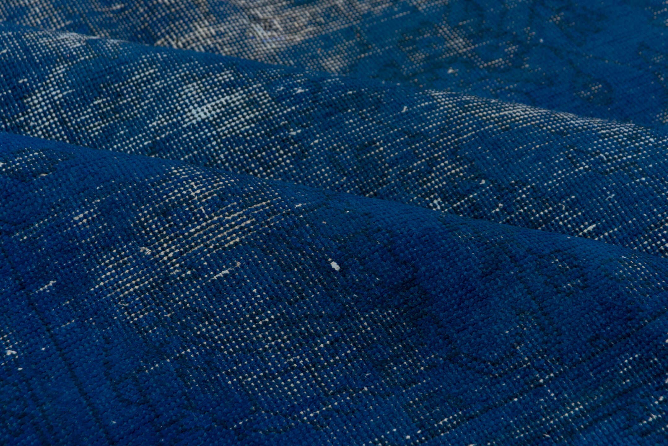 9' x 11' one-of-a-kind handmade vintage Overdyed large size rug. Color palette: cobalt, navy, slate, charcoal, ivory, blue