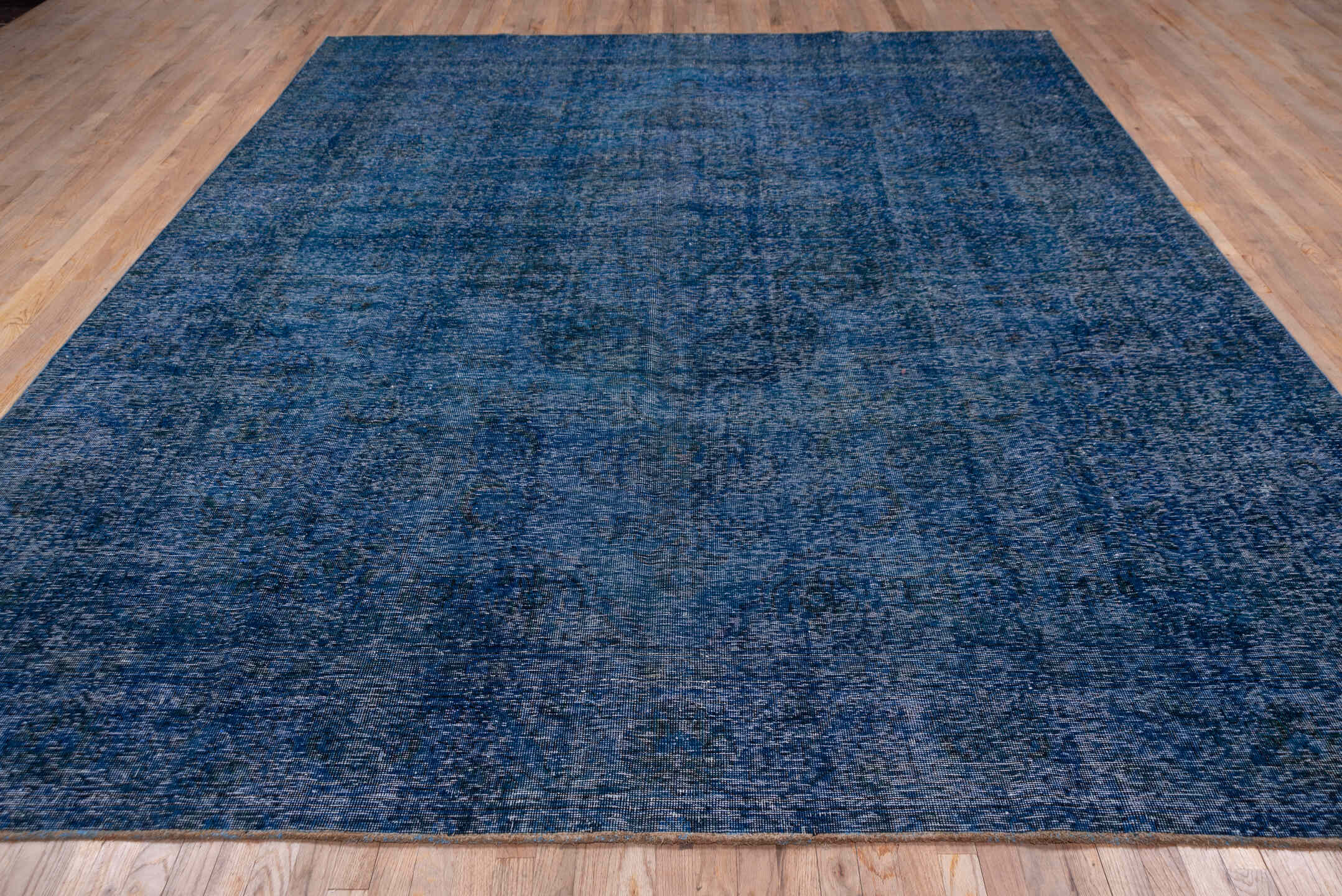 9' x 12' one-of-a-kind handmade vintage Overdyed large size rug. Color palette: black, blue, fiord, gray, light blue