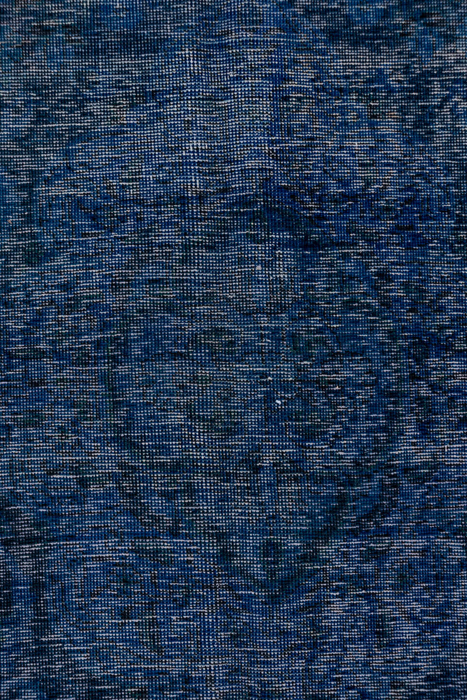 9' x 12' one-of-a-kind handmade vintage Overdyed large size rug. Color palette: black, blue, fiord, gray, light blue