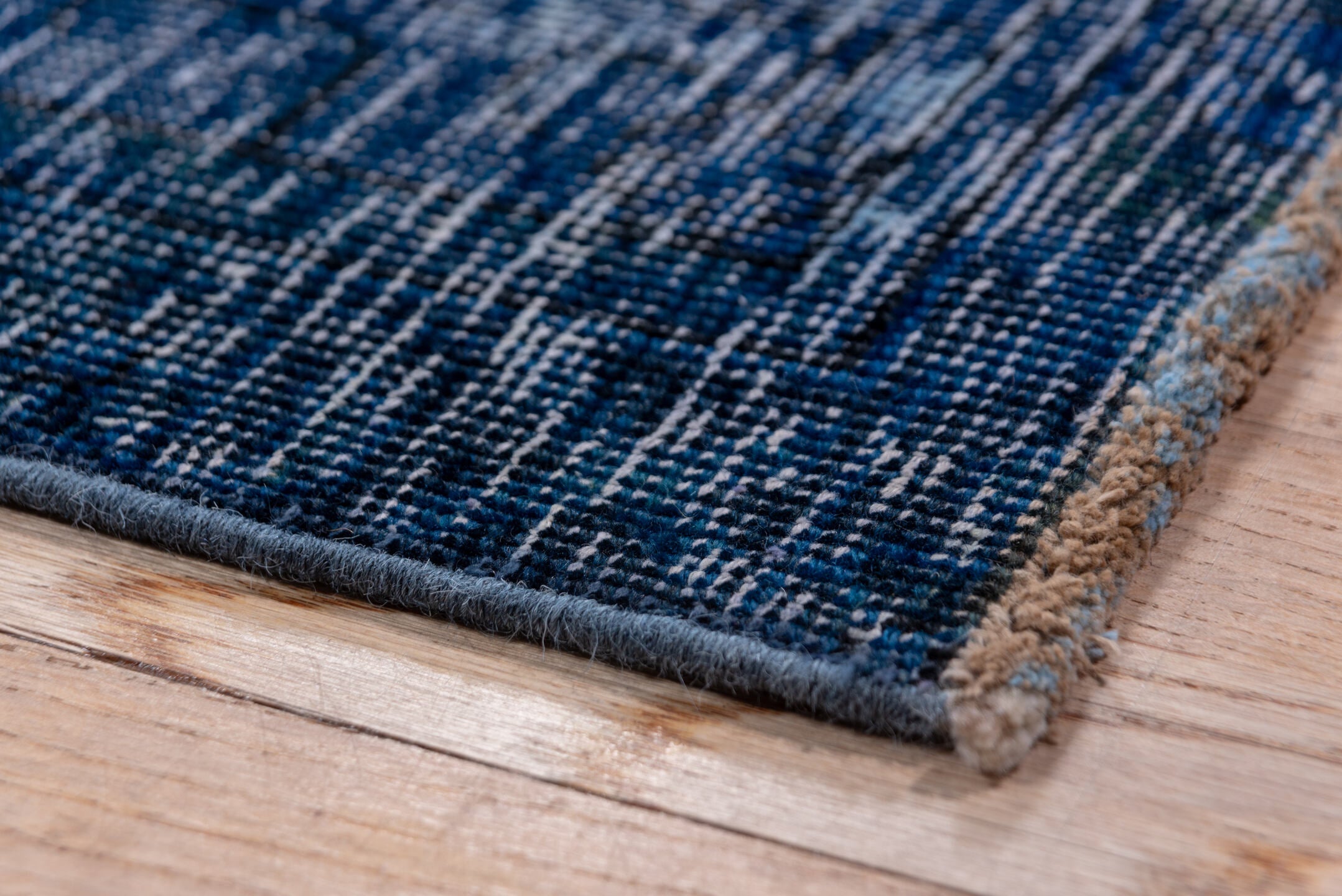 9' x 12' one-of-a-kind handmade vintage Overdyed large size rug. Color palette: black, blue, fiord, gray, light blue