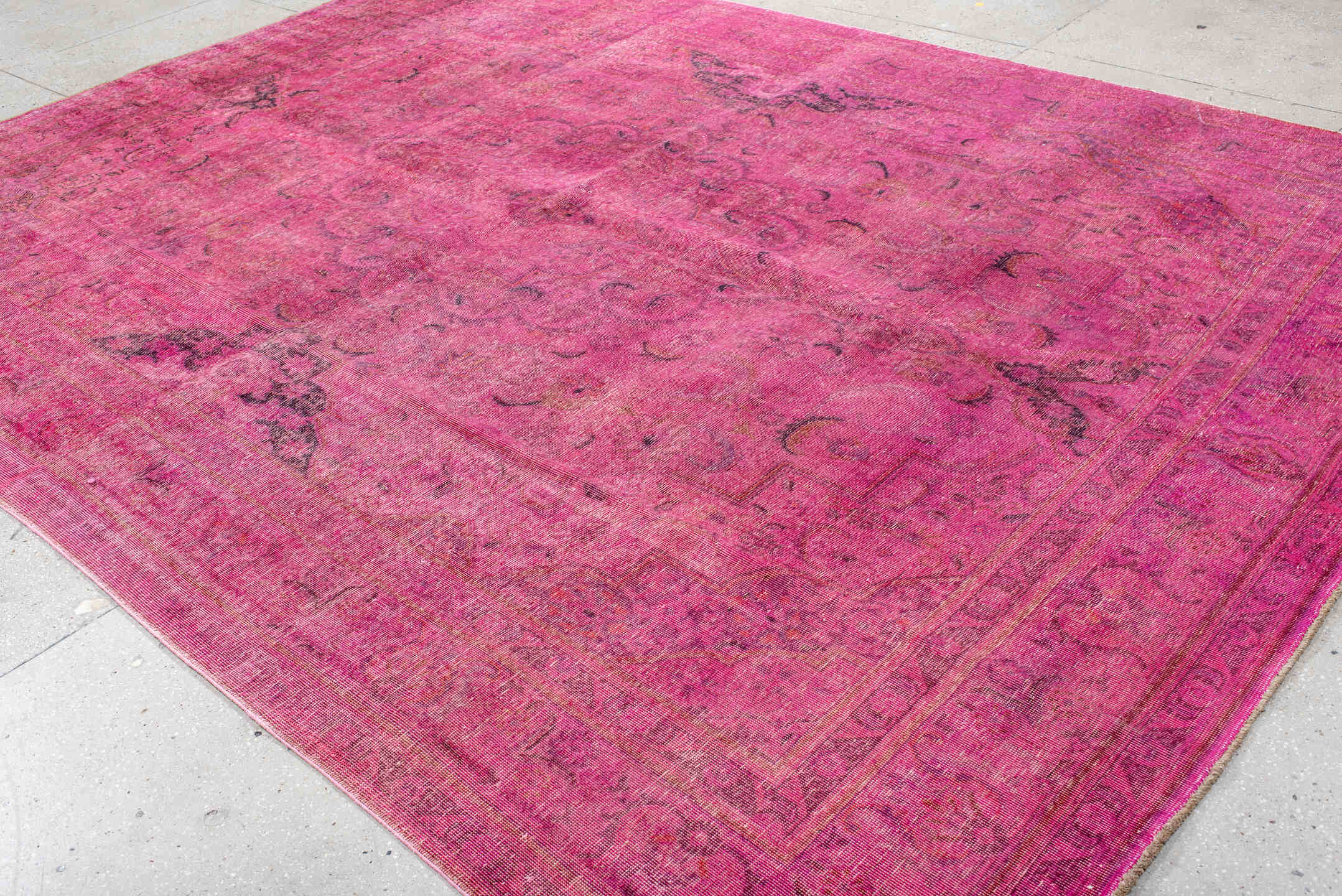 9' x 13' one-of-a-kind handmade vintage Overdyed large size rug. Color palette: pink, fuchsia, rose, magenta, plum, mauve