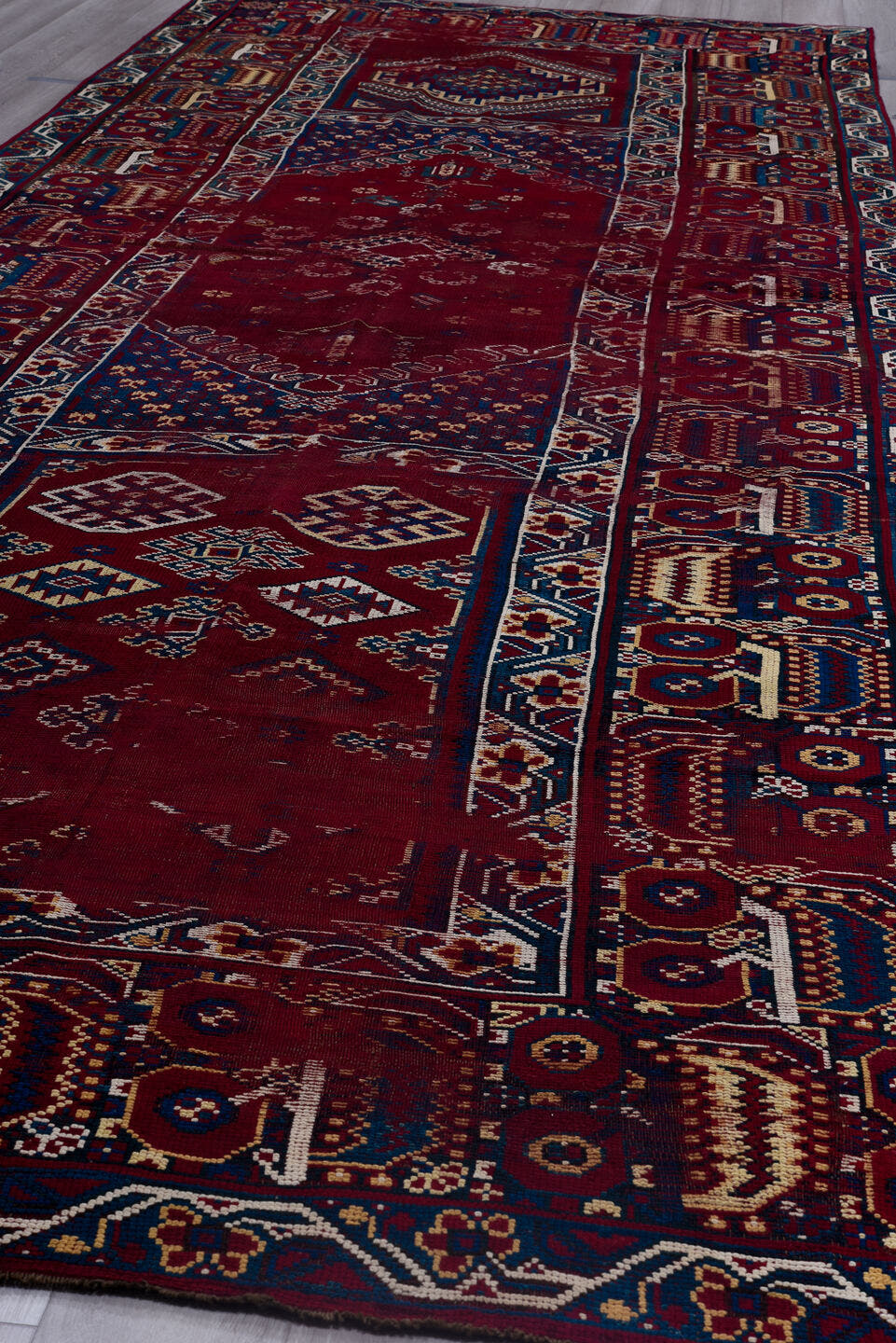 6' x 18' one-of-a-kind handmade antique Moroccan rug. Color palette: crimson, indigo, ivory, navy, rust, saffron, camel, red
