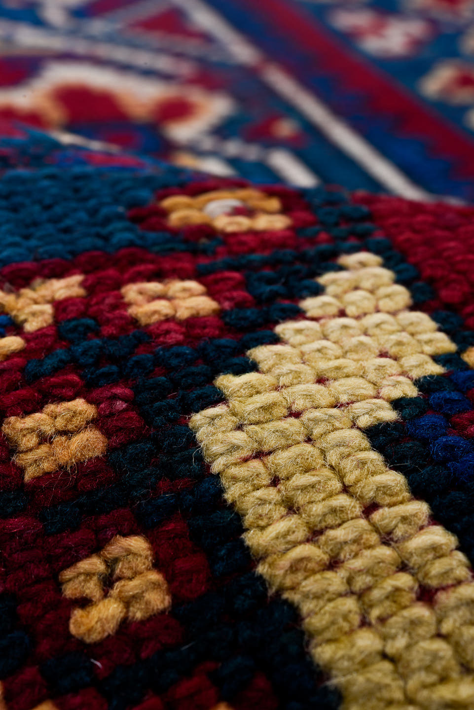6' x 18' one-of-a-kind handmade antique Moroccan rug. Color palette: crimson, indigo, ivory, navy, rust, saffron, camel, red