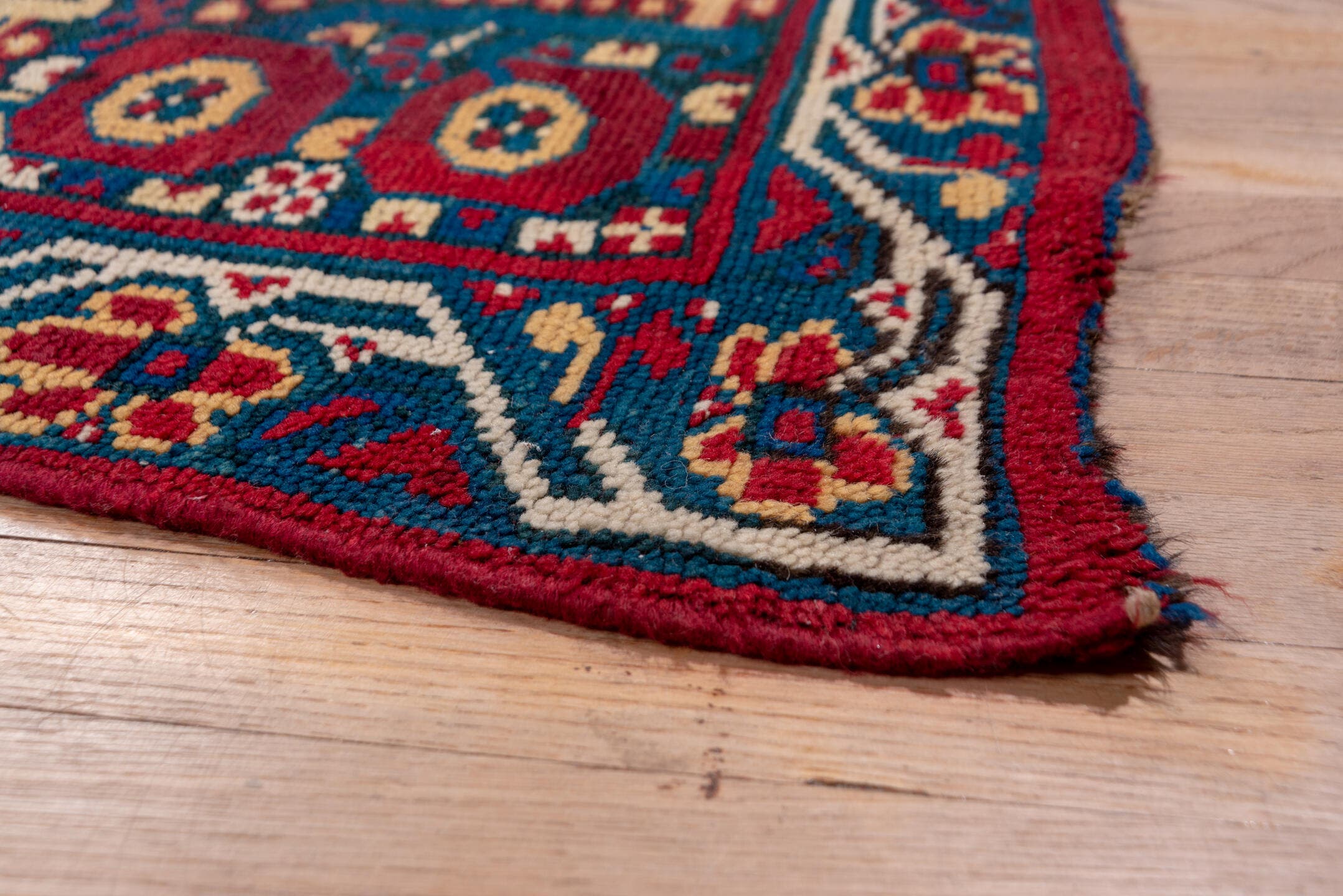 6' x 18' one-of-a-kind handmade antique Moroccan rug. Color palette: crimson, indigo, ivory, navy, rust, saffron, camel, red