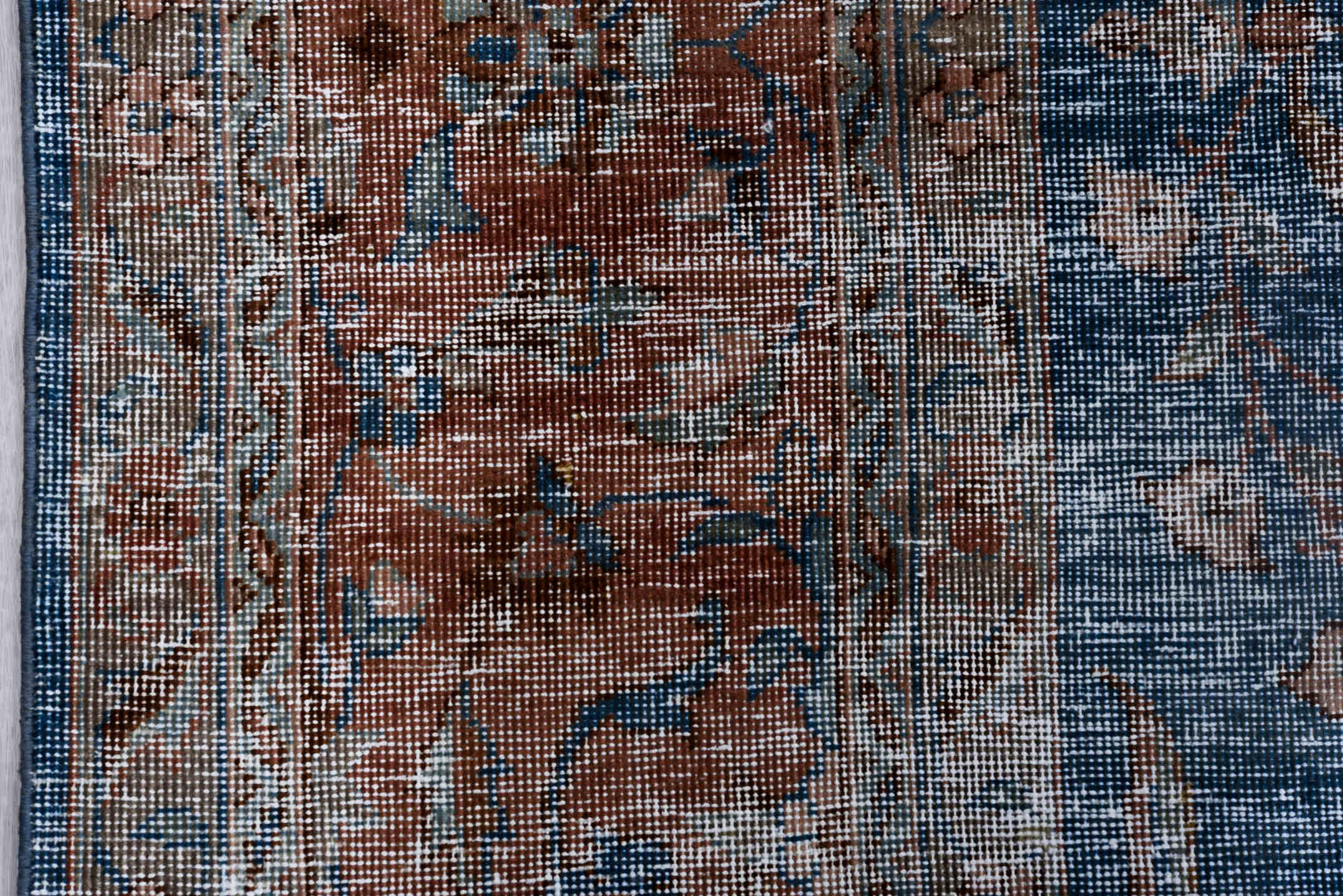 8' x 12' one-of-a-kind handmade antique Laristan large size rug. Color palette: blue, rust, ivory, taupe, slate, terra cotta