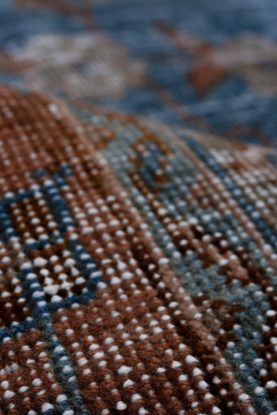 8' x 12' one-of-a-kind handmade antique Laristan large size rug. Color palette: blue, rust, ivory, taupe, slate, terra cotta