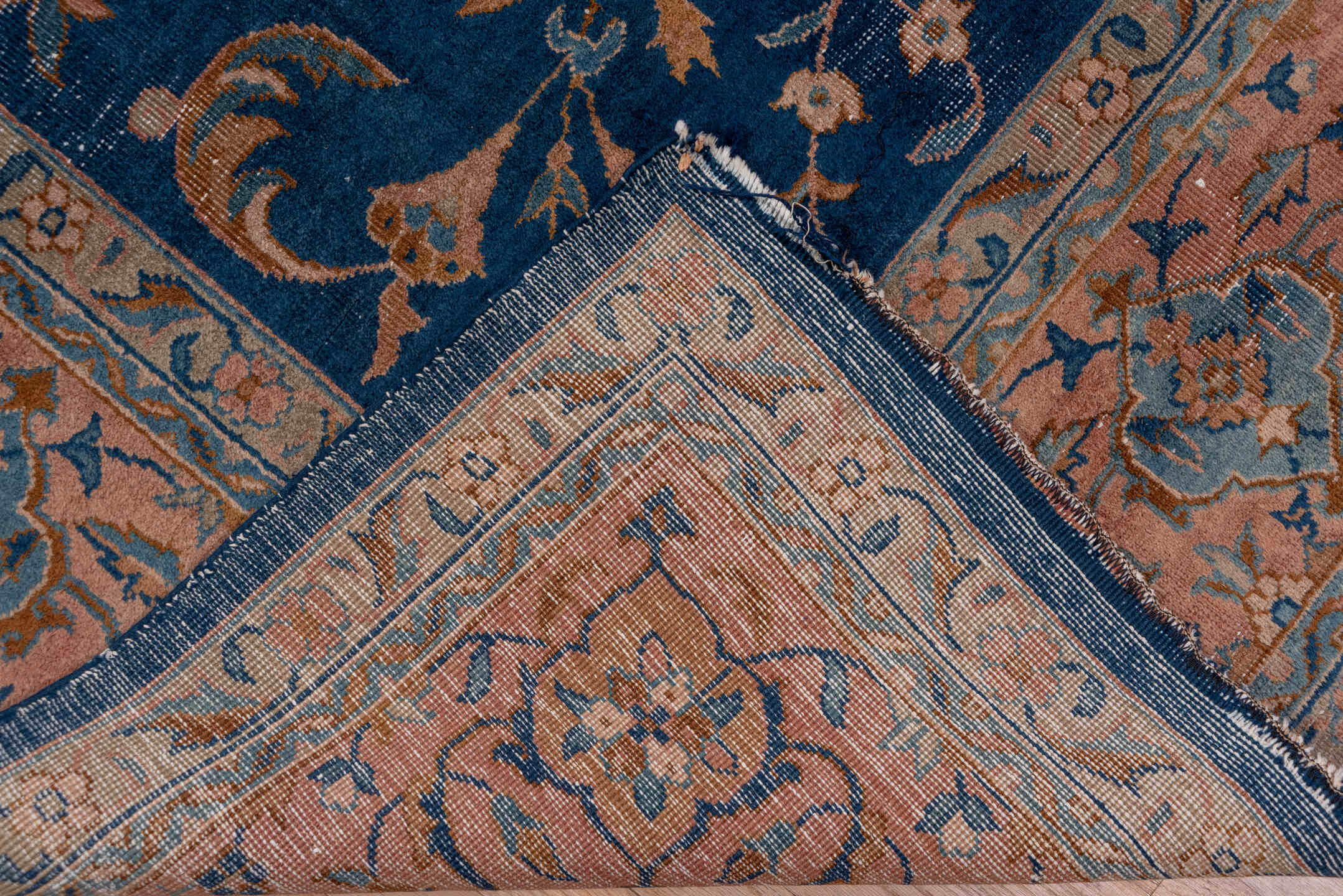 8' x 12' one-of-a-kind handmade antique Laristan large size rug. Color palette: blue, rust, ivory, taupe, slate, terra cotta