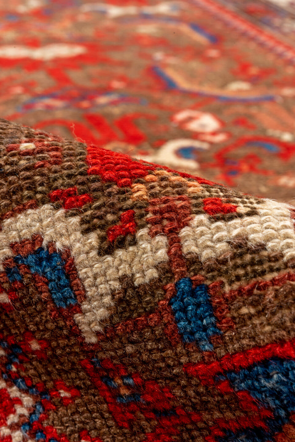3' x 13' one-of-a-kind handmade vintage Malayer runner rug. Color palette: rust, camel, ivory, navy, crimson, brown, slate