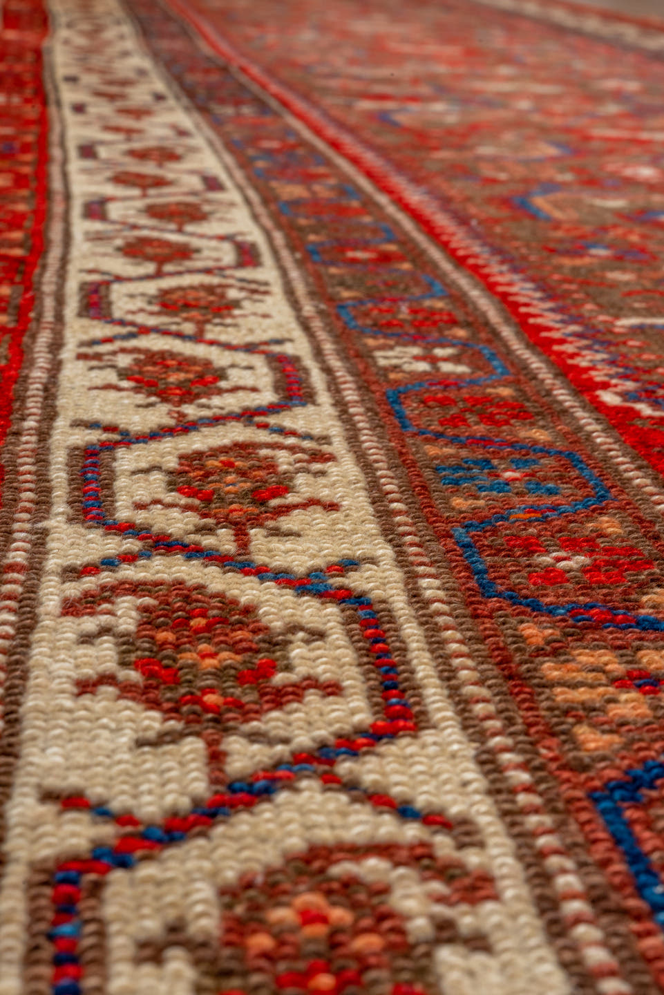 3' x 13' one-of-a-kind handmade vintage Malayer runner rug. Color palette: rust, camel, ivory, navy, crimson, brown, slate