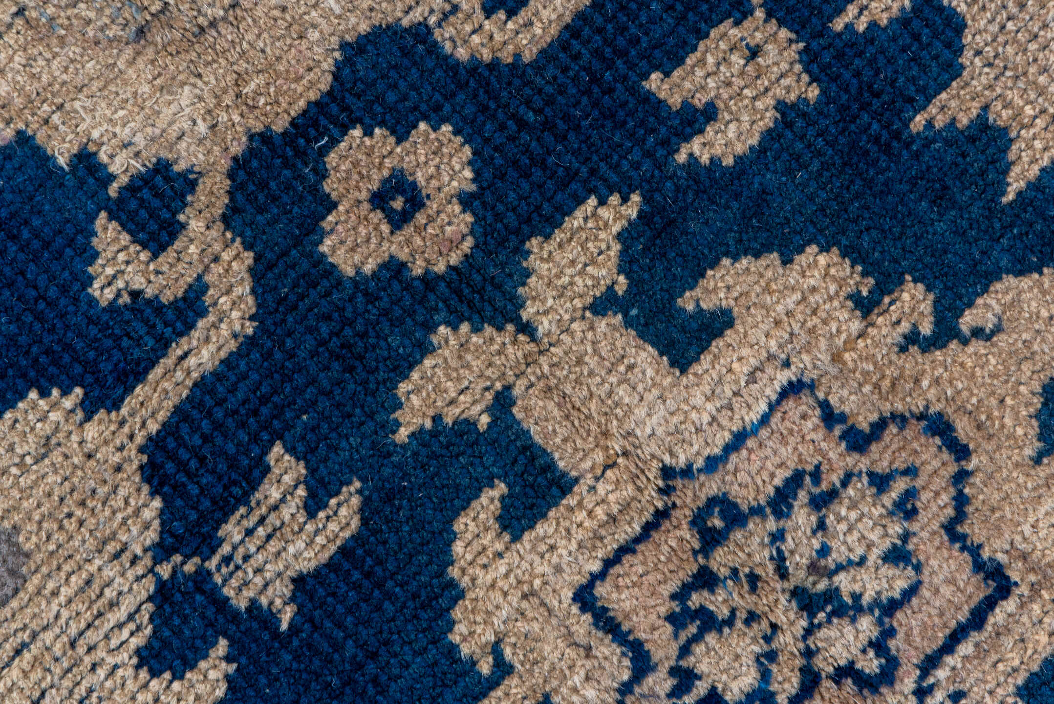 9' x 17' one-of-a-kind handmade antique Oushak rug. Color palette: navy, ivory, beige, taupe, blue, gray