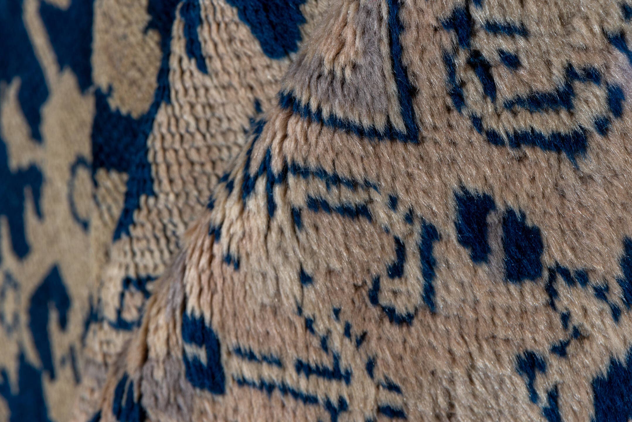 9' x 17' one-of-a-kind handmade antique Oushak rug. Color palette: navy, ivory, beige, taupe, blue, gray