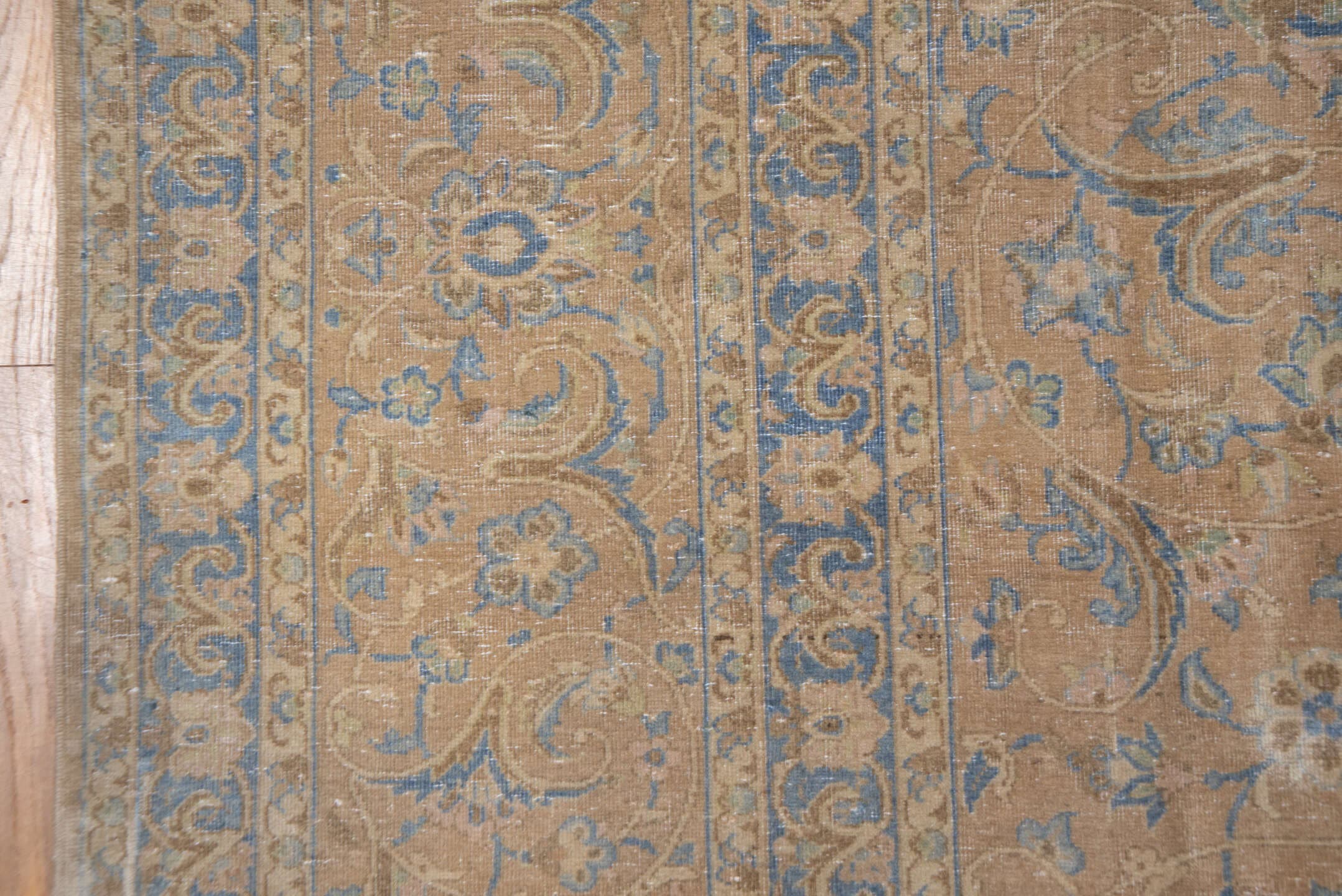 9' x 12' one-of-a-kind handmade antique Kashan large size rug. Color palette: beige, pale blue, ivory, taupe, camel